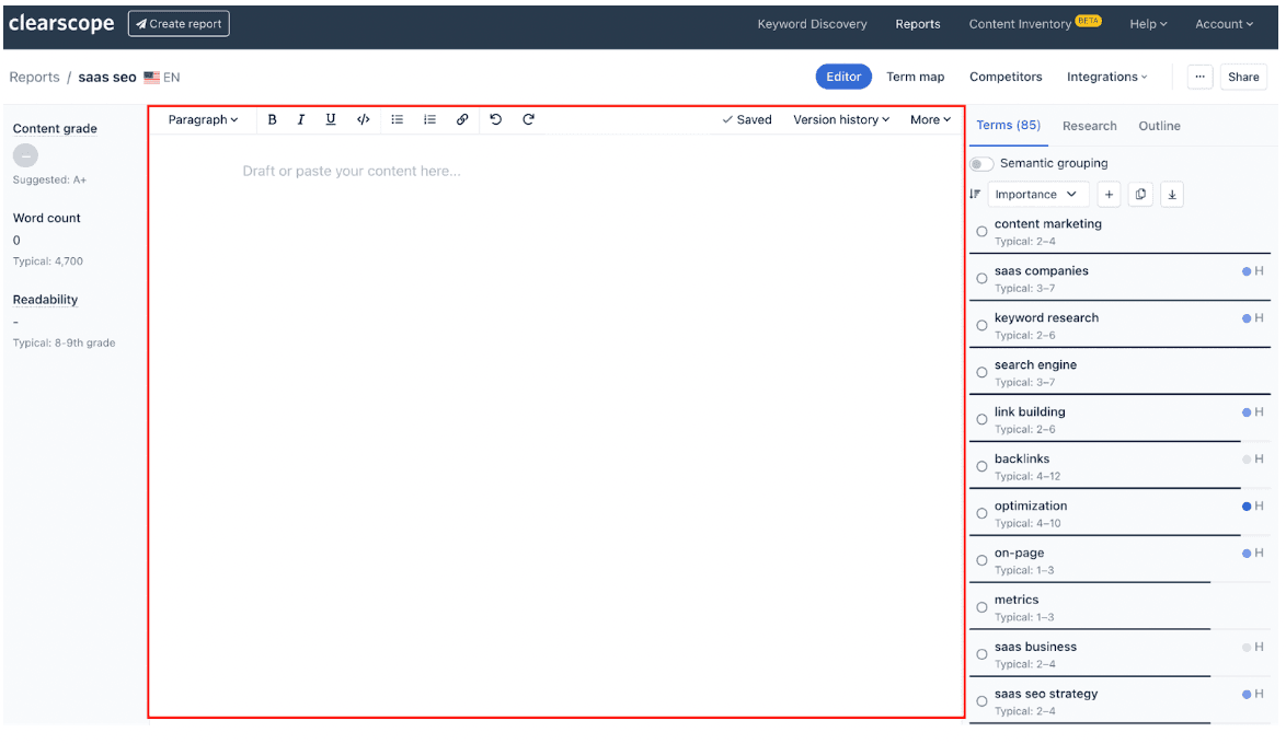 Clearscope content editor screenshot