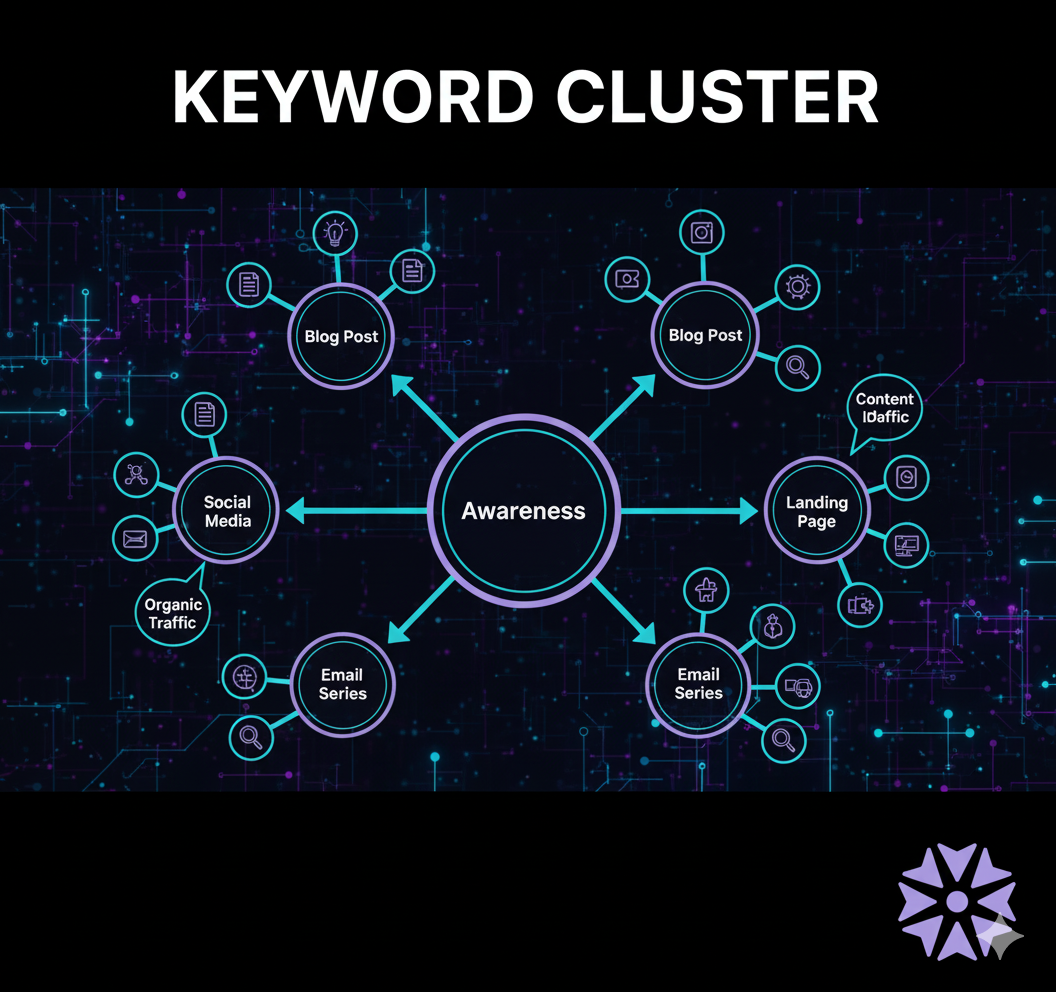 Keyword clustering visualization showing grouped related keywords for SEO strategy