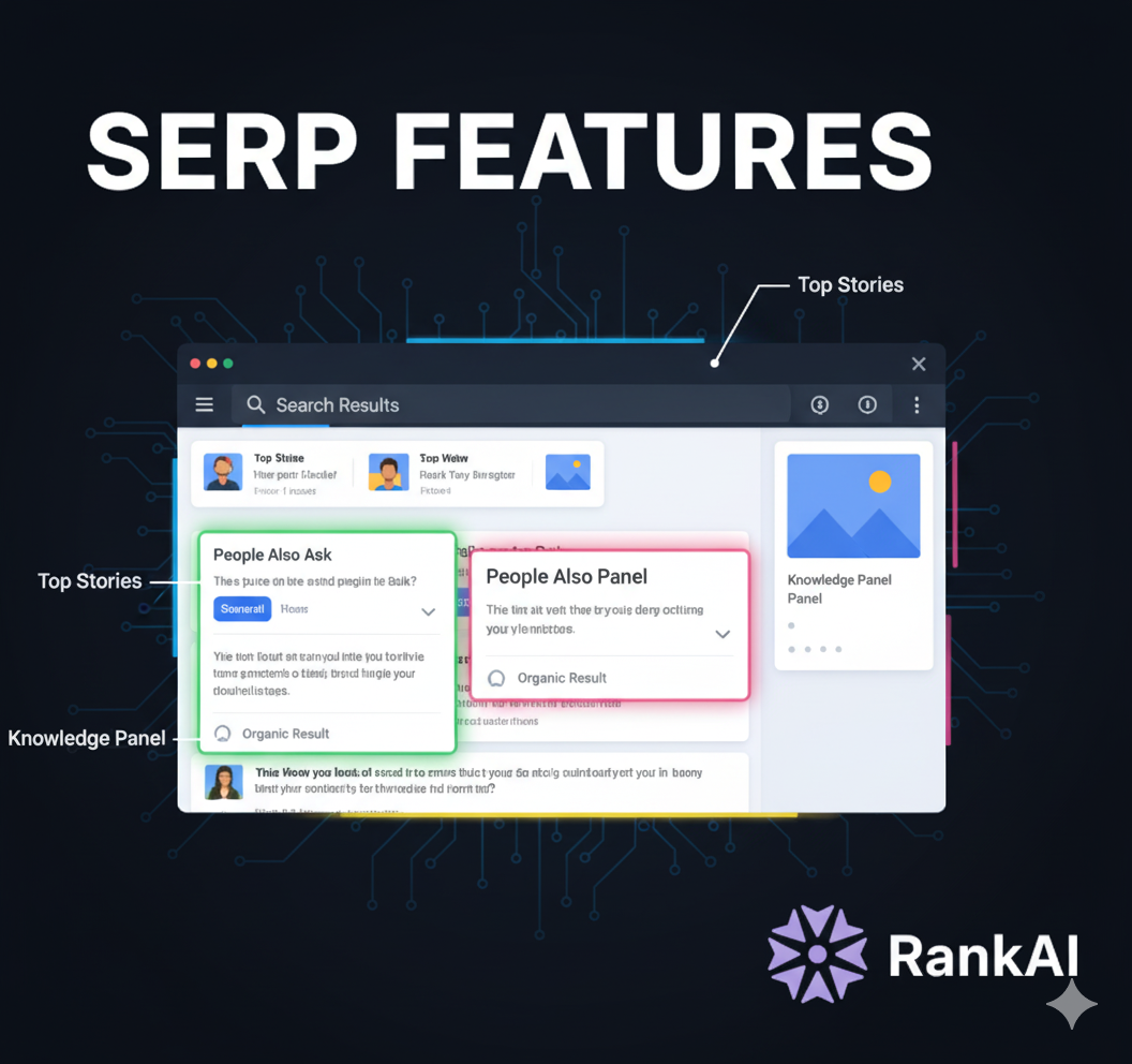 Google SERP features including featured snippets, knowledge panels, and rich results