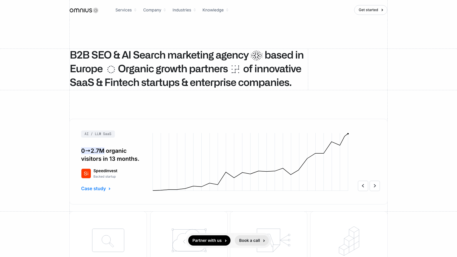 Omnius homepage showing the SaaS/Fintech-focused AI search agency