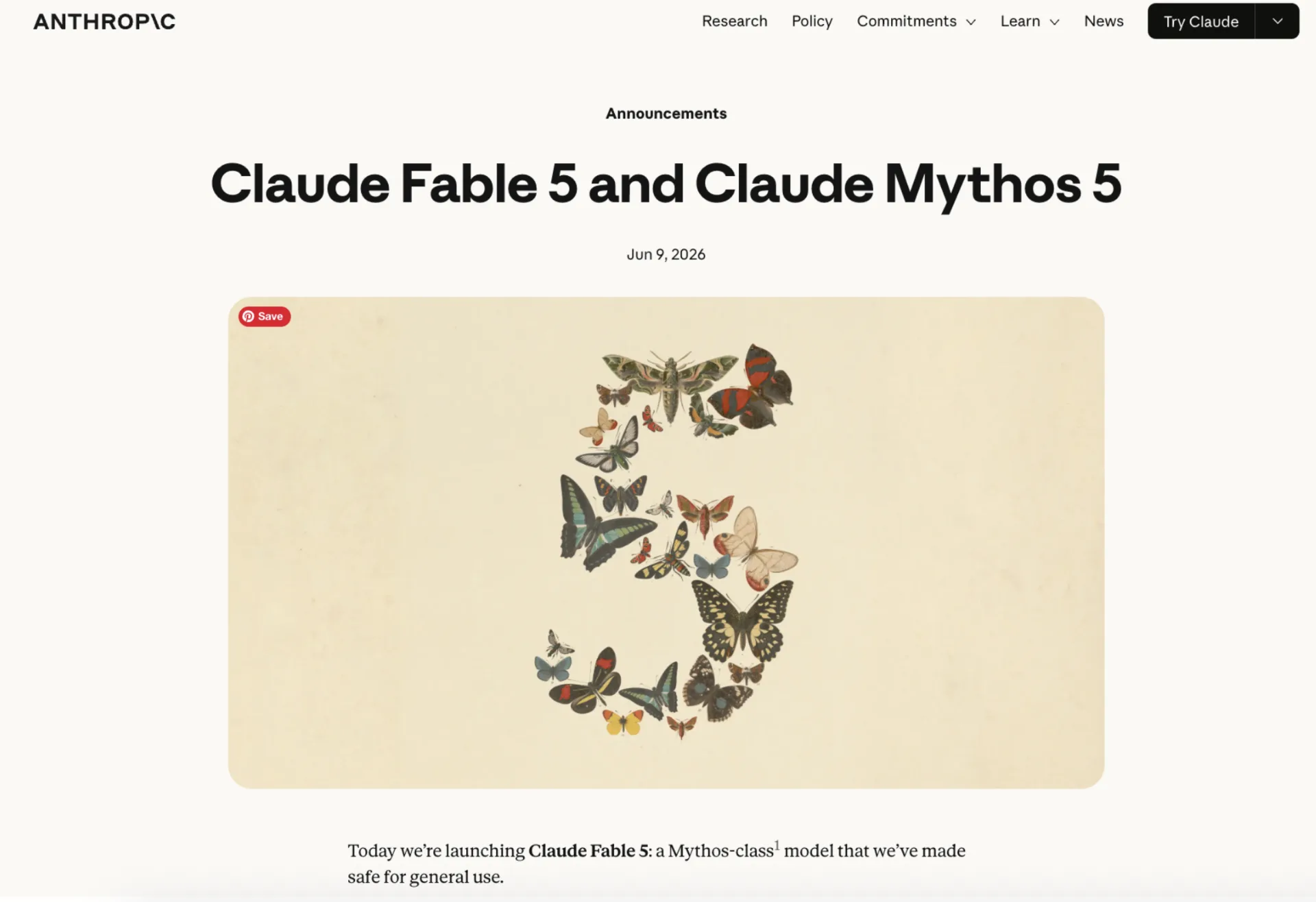 Anthropic announcement page for Claude Fable 5 and Claude Mythos 5, dated June 9, 2026, with a butterfly-mosaic '5' hero image