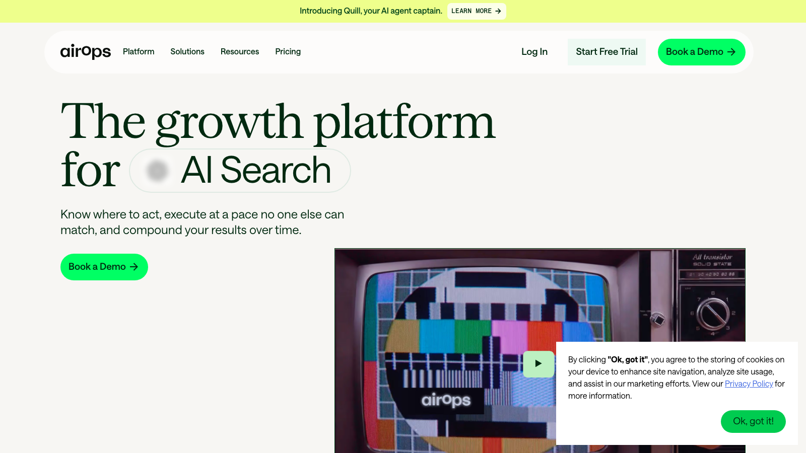 AirOps homepage showing the growth platform for AI search across Google, Gemini, Perplexity, Claude, and ChatGPT