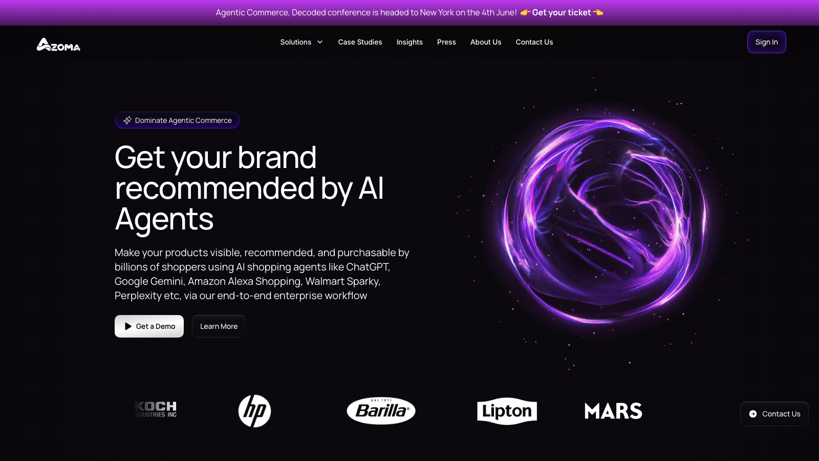 Azoma homepage showing its end-to-end Agentic Commerce Optimization platform for enterprise consumer brands
