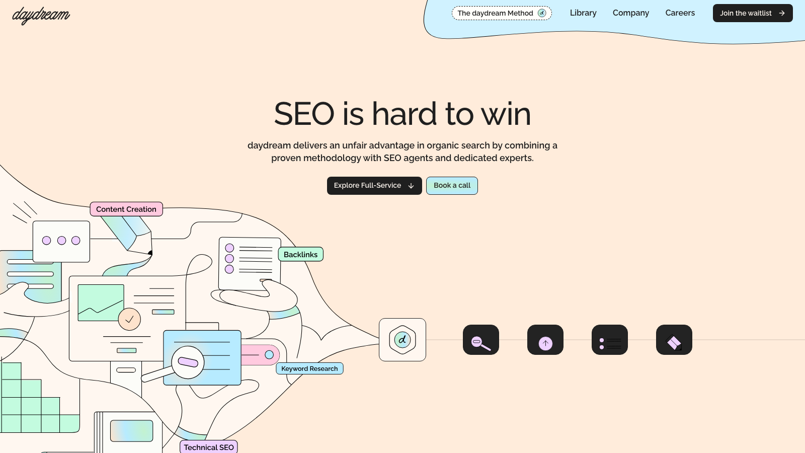 Daydream homepage showing the AI SEO agency that combines senior experts with AI agents