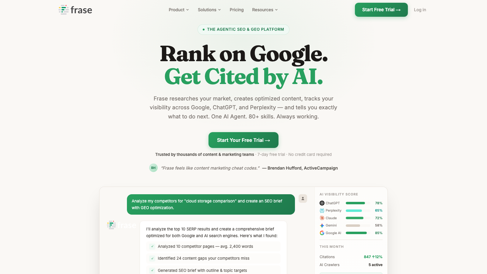 Frase homepage showcasing its AI content research, brief, and writing workflow for SEO teams
