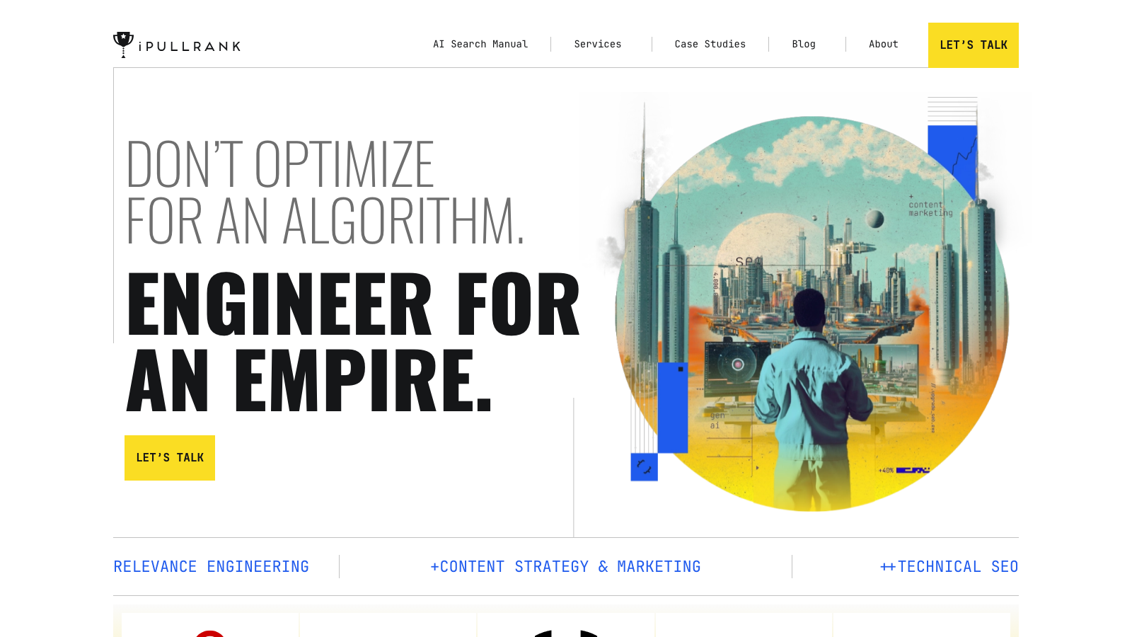 iPullRank homepage showing its Relevance Engineering approach for enterprise AI Search optimization