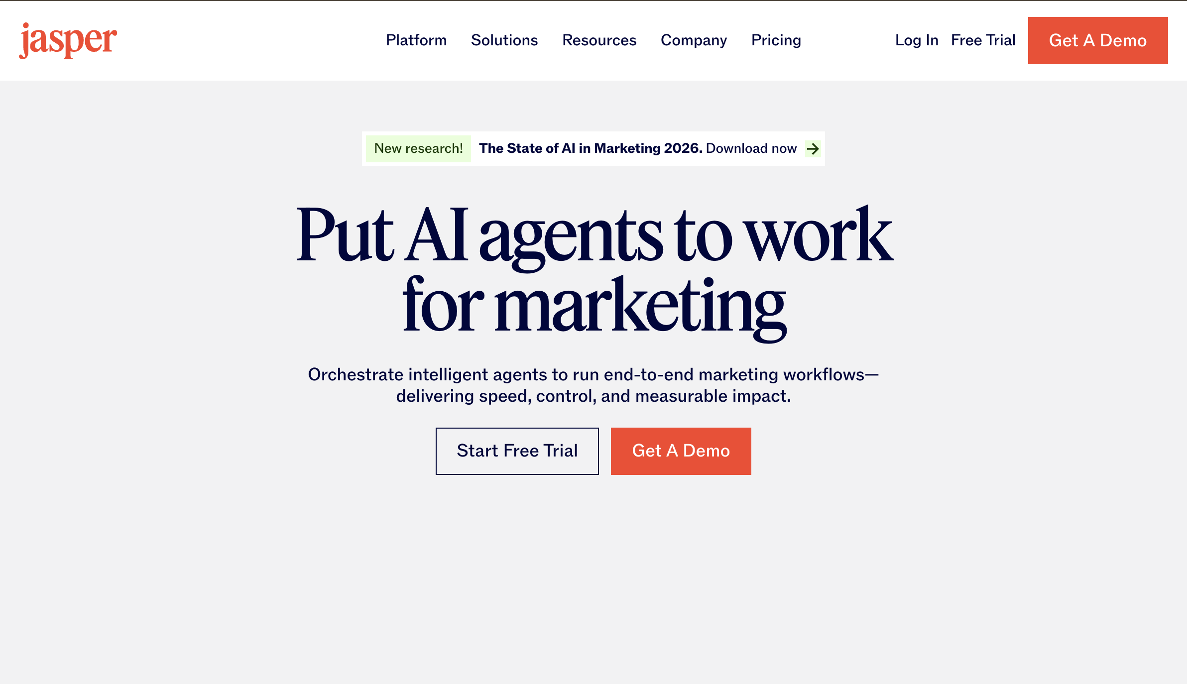 Jasper homepage showing its AI writing platform and SEO mode for marketing teams