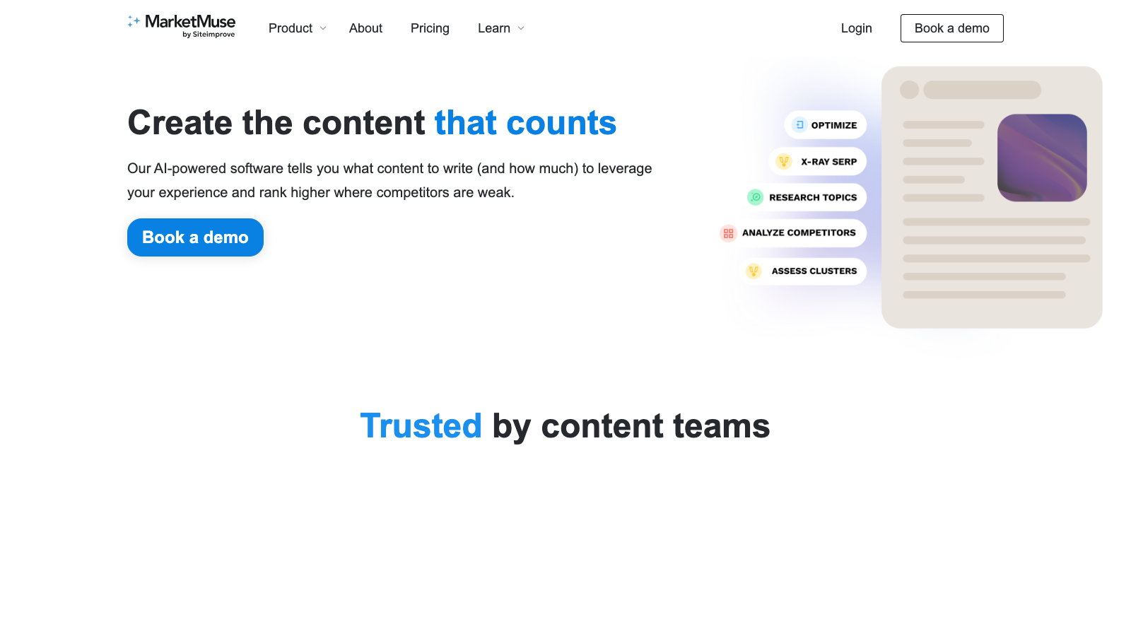 MarketMuse homepage showing its topical authority and content gap analysis dashboard