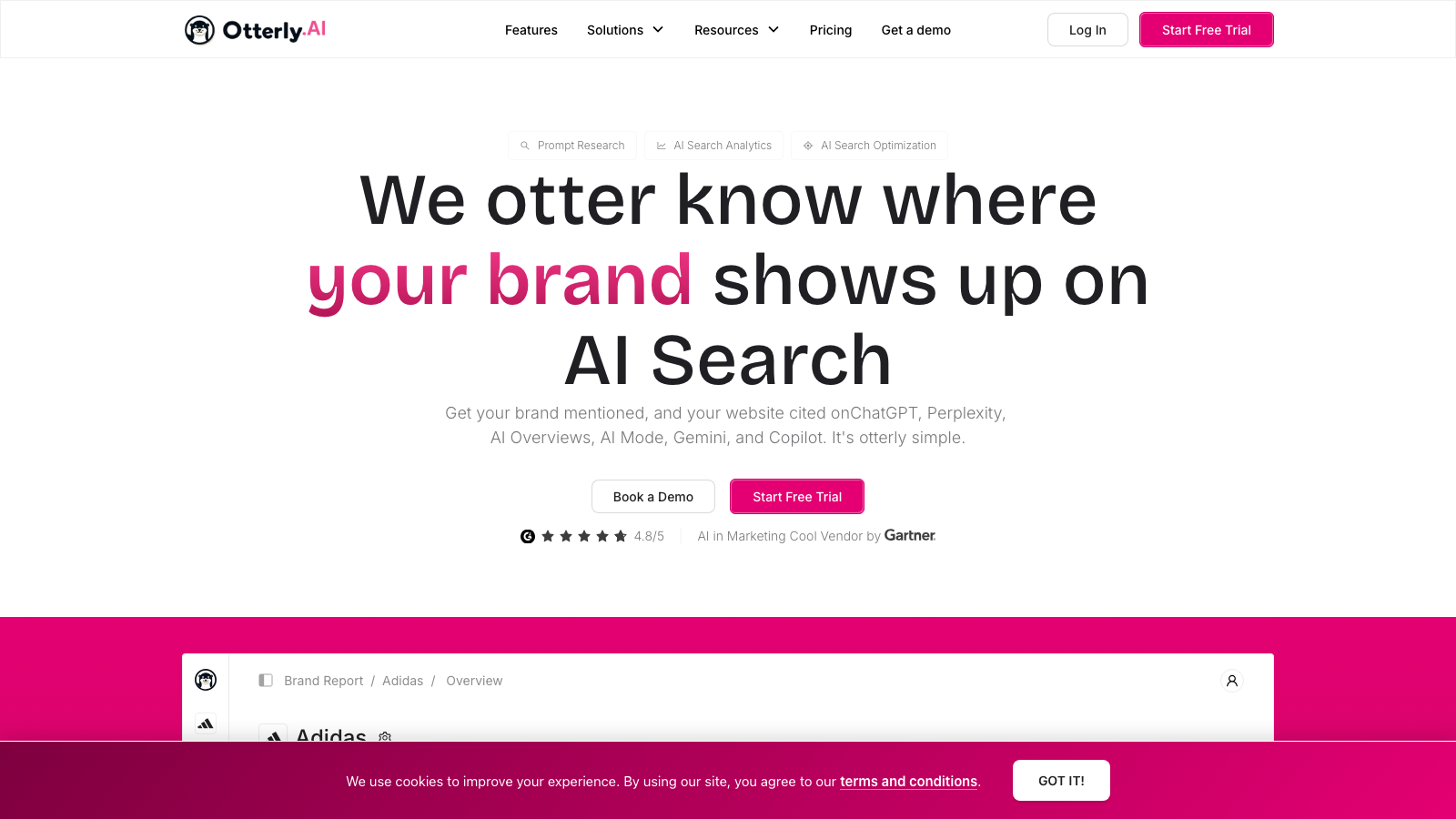 Otterly homepage showing its lightweight AI search monitoring platform with GEO content audits and transparent pricing