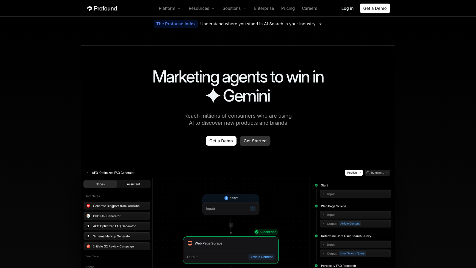 Profound homepage showing its enterprise AI visibility platform tracking 9 AI engines including ChatGPT, Perplexity, Claude, Gemini, Grok, Copilot, Meta AI, DeepSeek, and Google AI Overviews