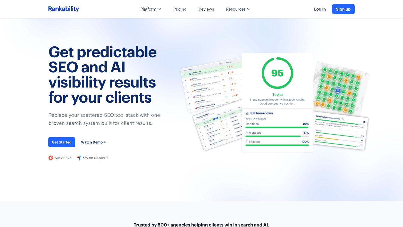 Rankability website featuring its AI-powered SERP analysis and content optimization scoring dashboard