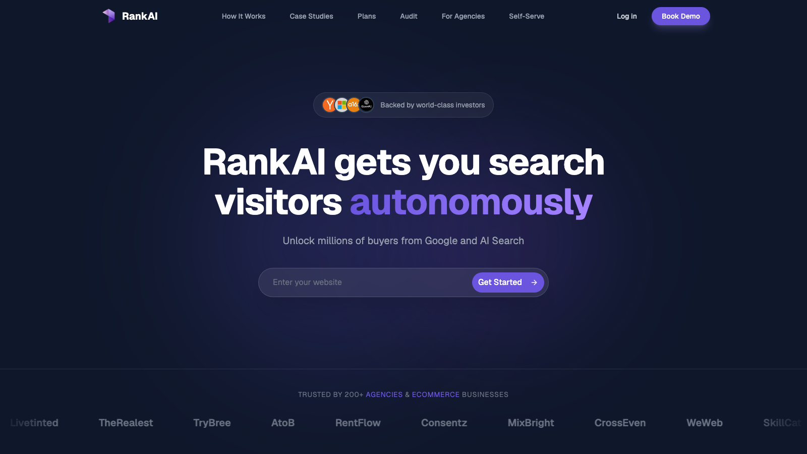 RankAI homepage showing the autonomous AI SEO and GEO platform that drives search visitors from Google and AI search