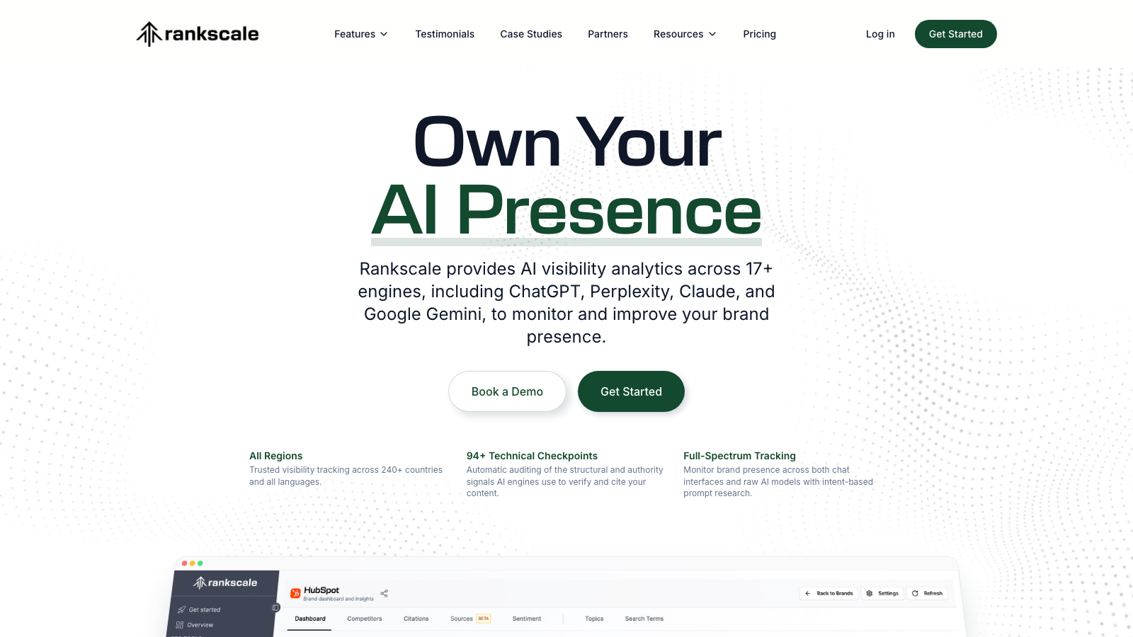 Rankscale homepage showing its credit-based AI visibility analytics platform with familiar SEO rank-tracker UX across 8+ AI search engines