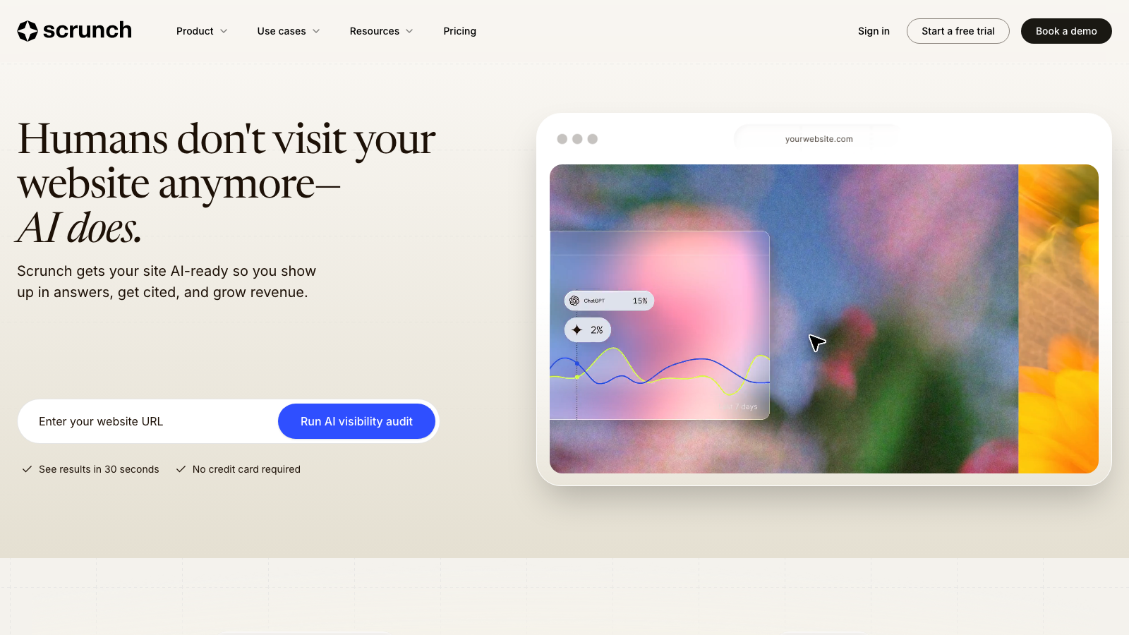 Scrunch AI homepage showing its AI customer experience platform with audit-style diagnostics across 6 engines and an Agent Experience Platform