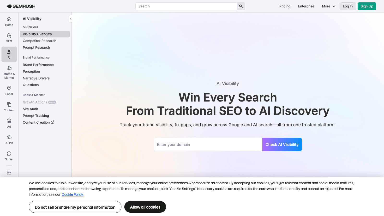 Semrush AI Toolkit page showing its AI visibility and AI content modules bundled with the broader Semrush SEO suite