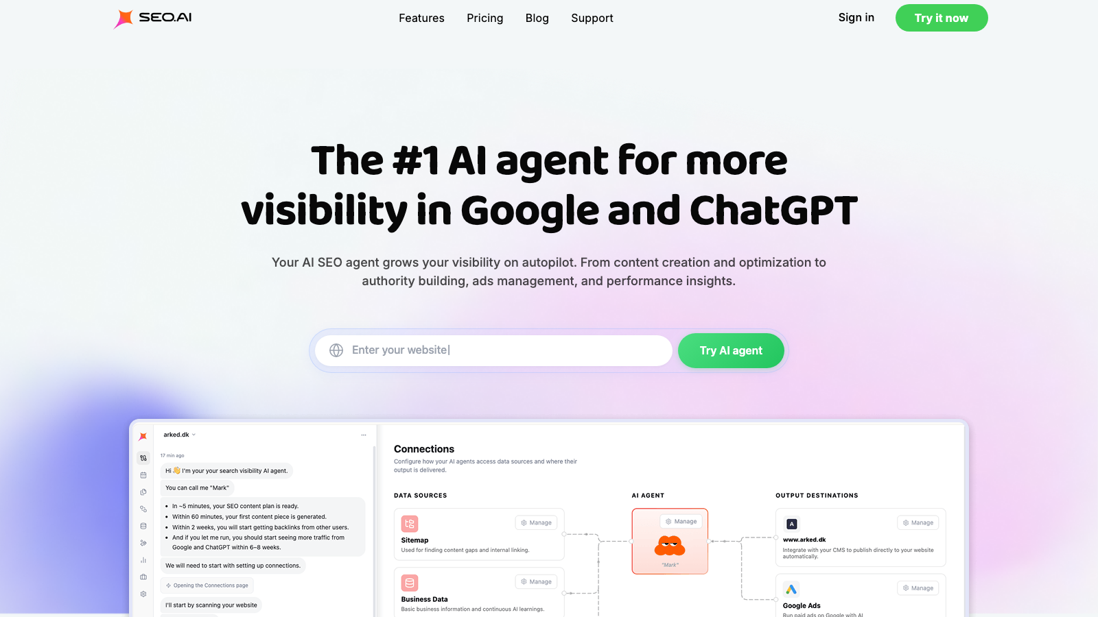 SEO.ai homepage promoting automated AI article generation for high-volume publishers