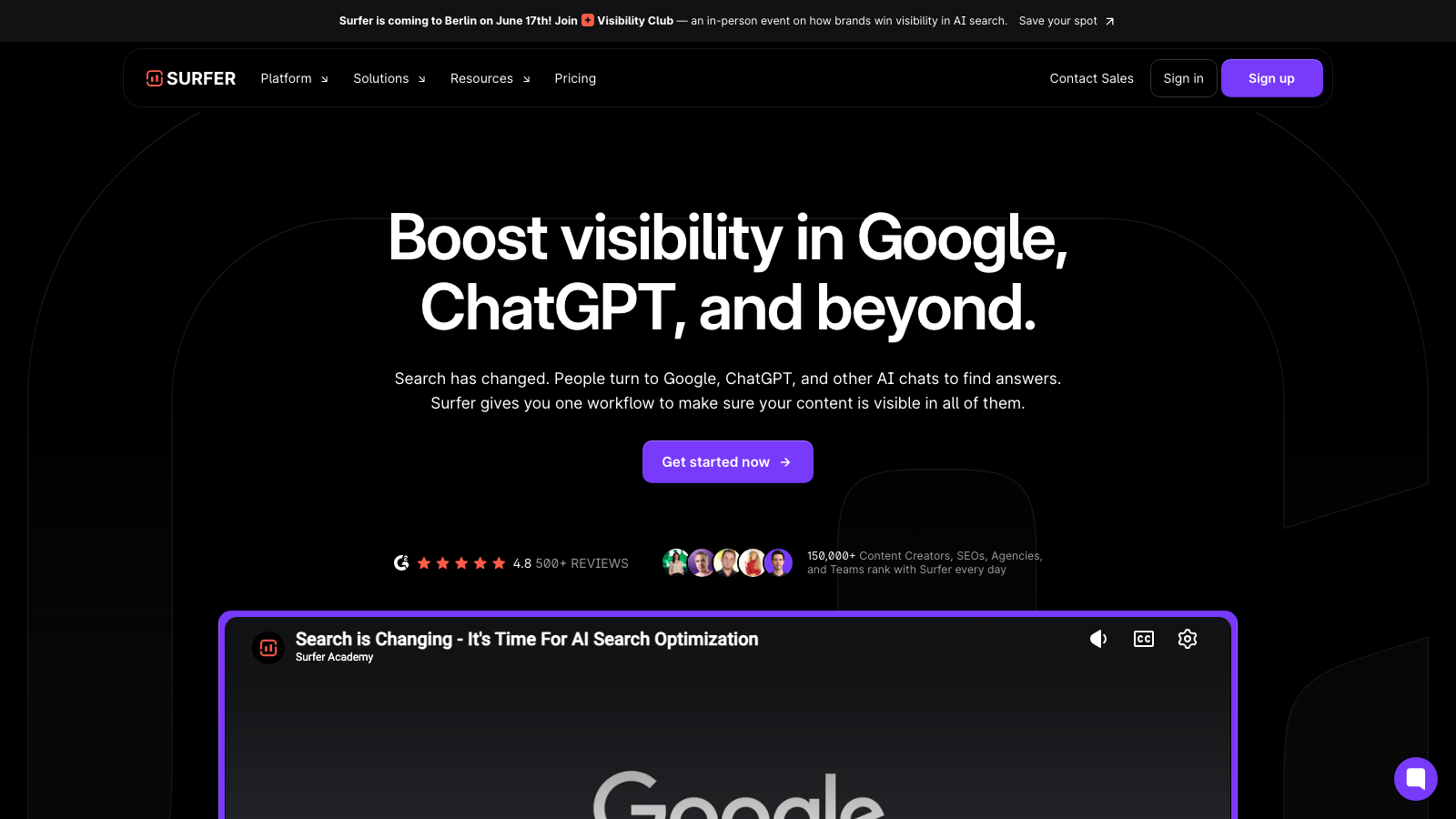 Surfer SEO homepage showing its content optimization editor with NLP-driven SERP analysis