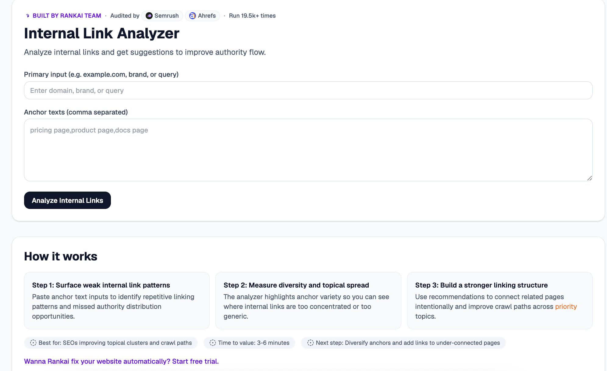 Internal Link Analyzer tool with a primary input, an anchor texts field, and an Analyze Internal Links button