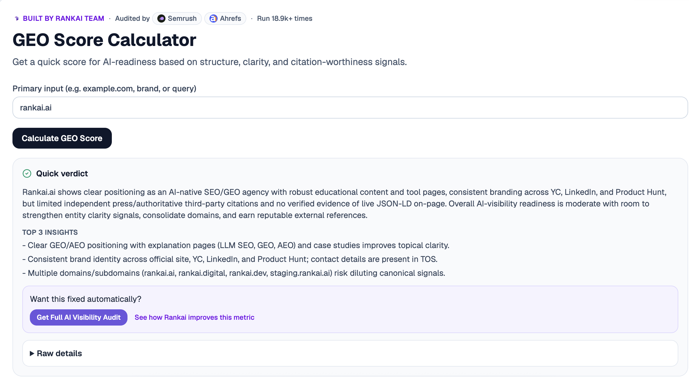 GEO Score Calculator report with an AI visibility Quick verdict and the top three insights for the analyzed website