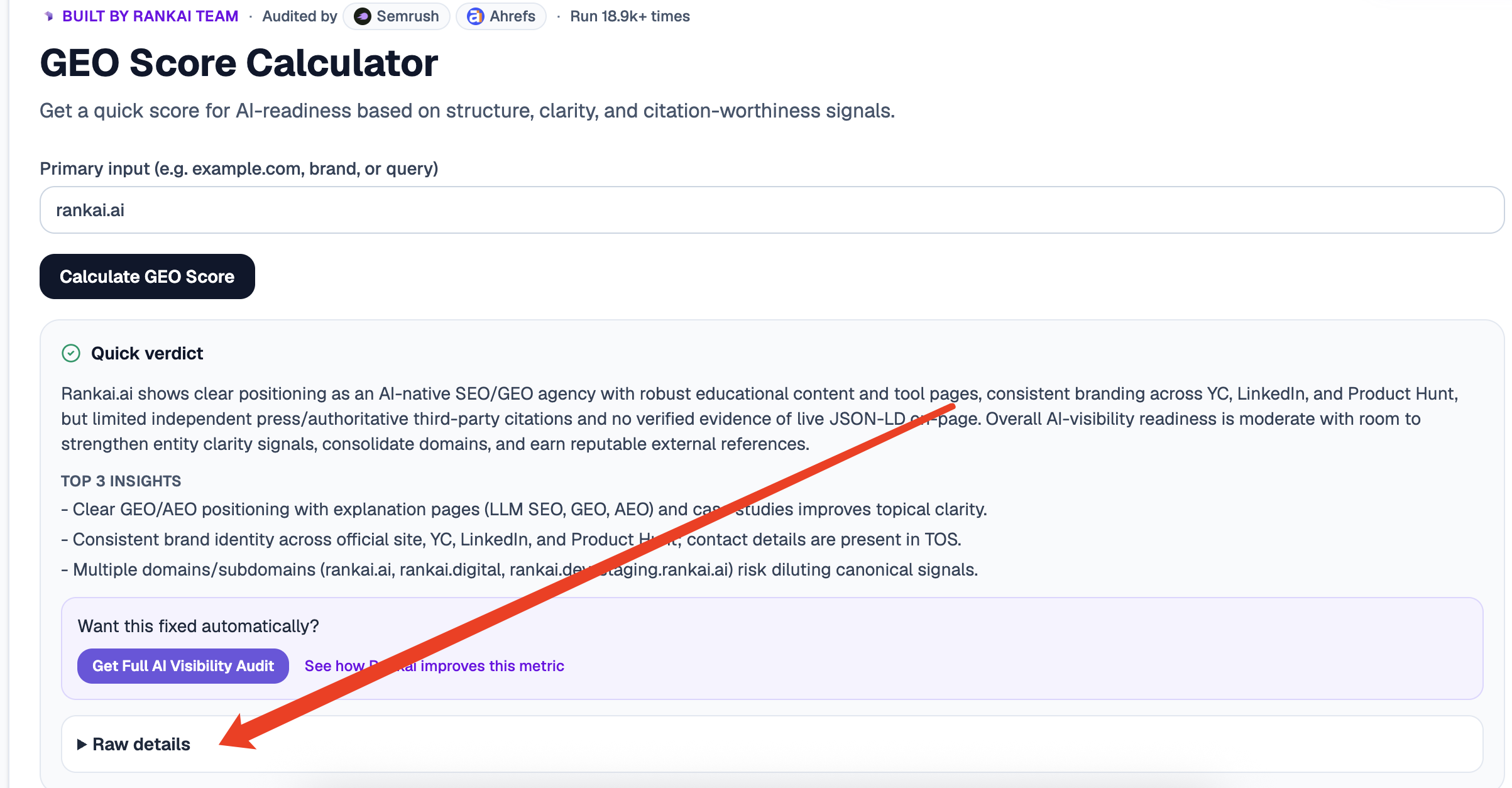 The Raw details expander located directly below the GEO Score report