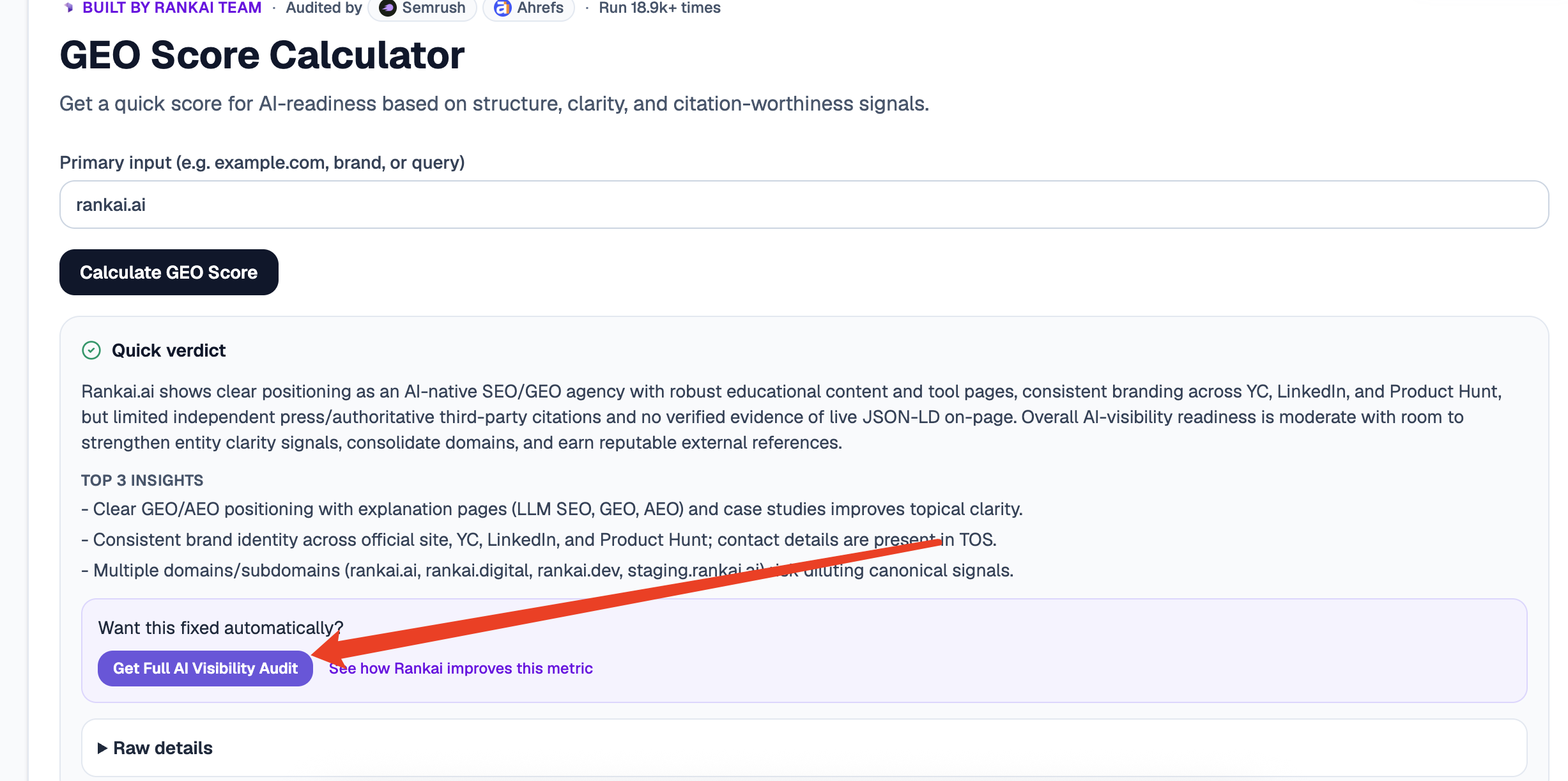 The Get Full AI Visibility Audit button highlighted on the GEO Score report