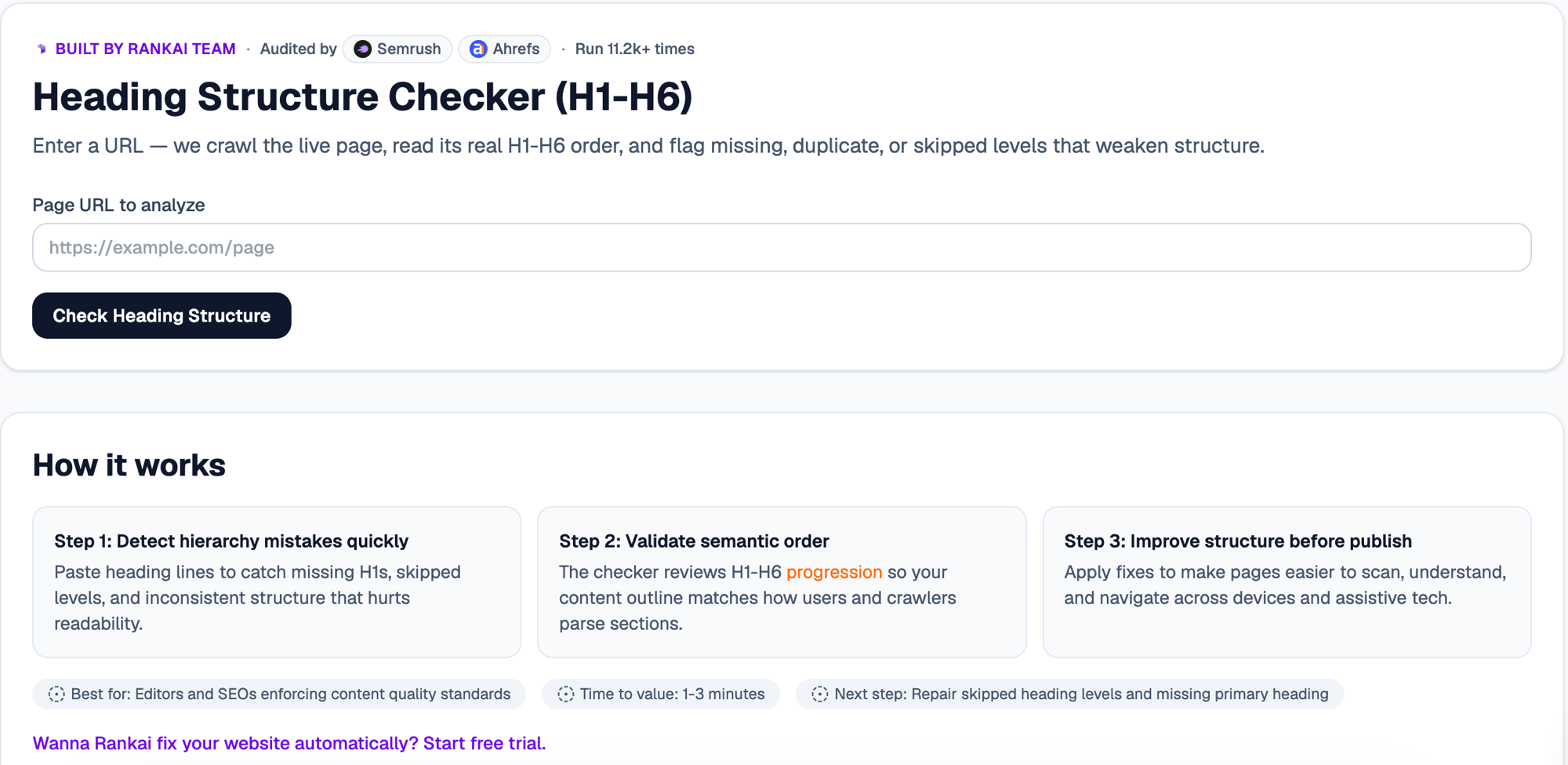 Heading Structure Checker tool with a Page URL to analyze input and a Check Heading Structure button