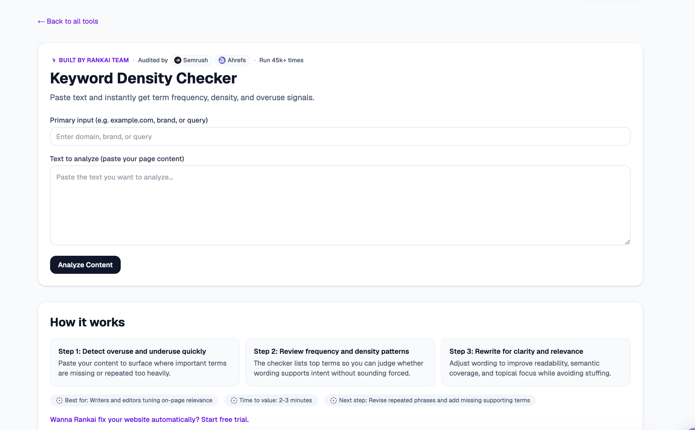 Keyword Density Checker tool with a primary input field, a text area to paste page content, and a How it works section