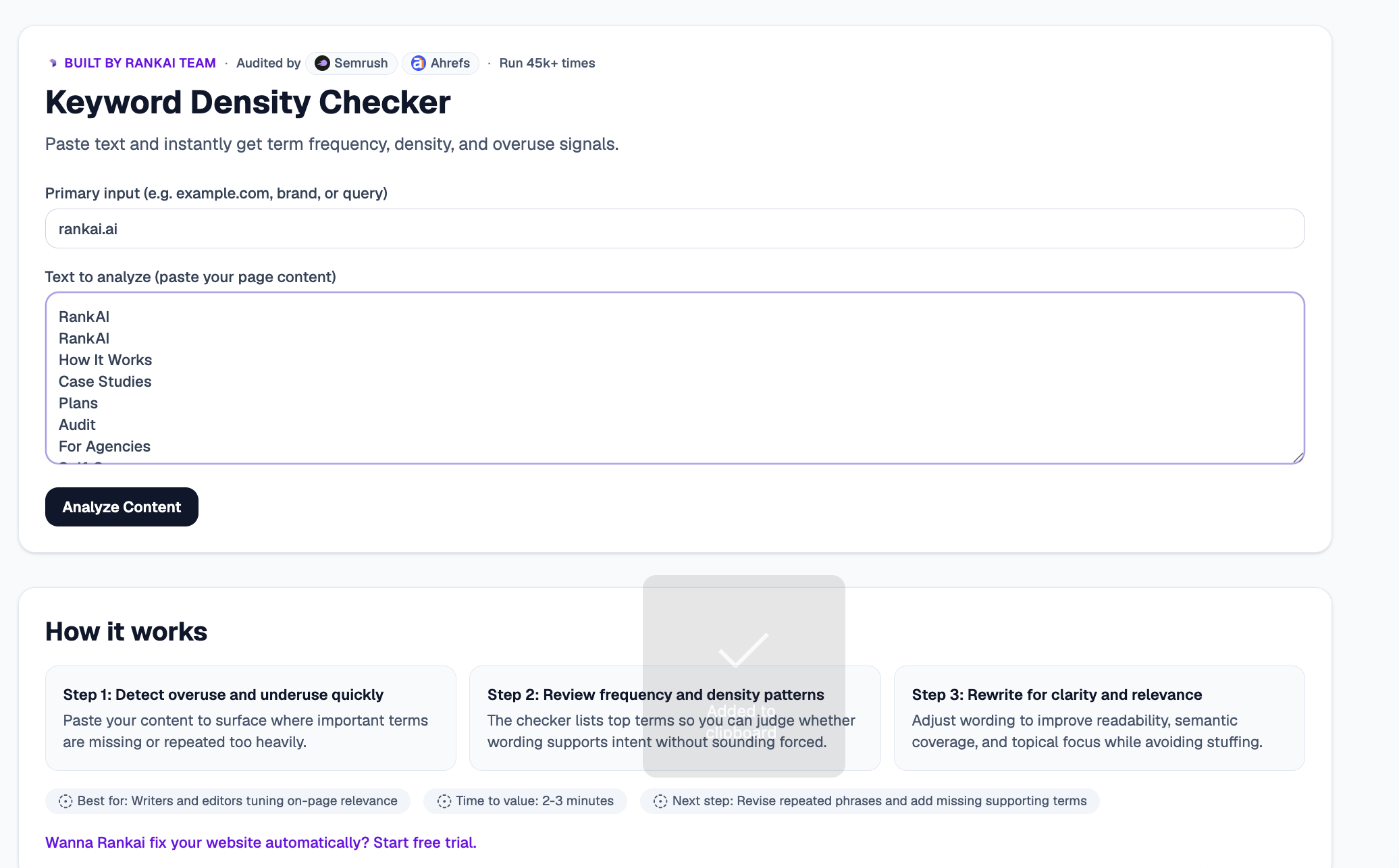 Keyword Density Checker with a topic entered and page content pasted into the text area, ready to analyze