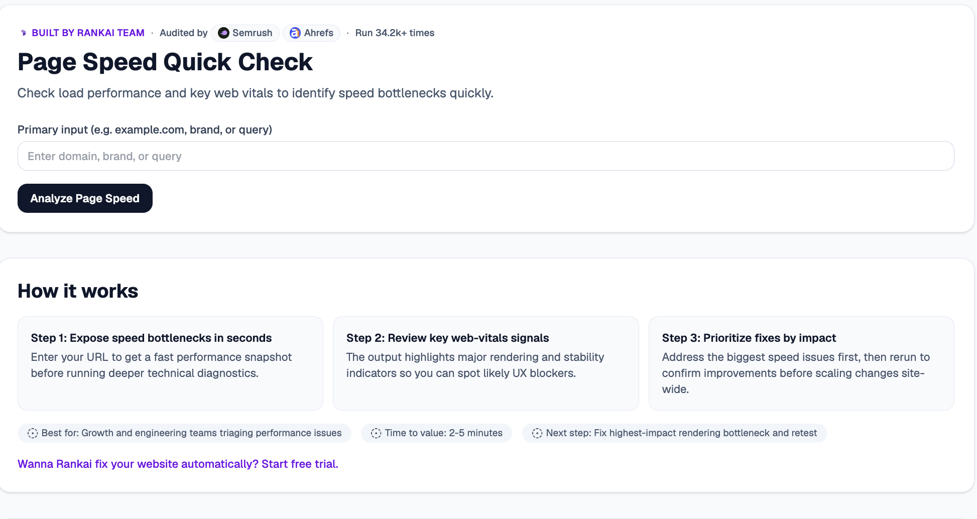 Page Speed Quick Check tool with a primary input field, an Analyze Page Speed button, and a How it works section