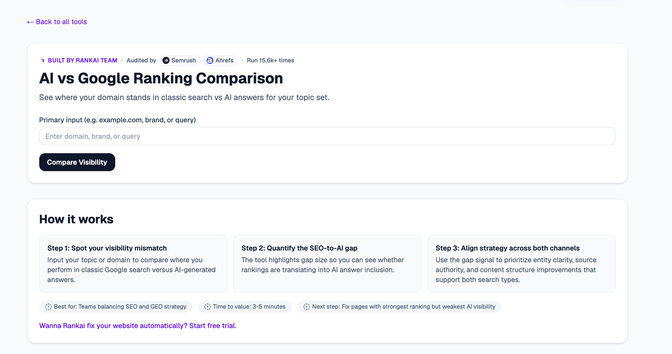 AI vs Google Ranking Comparison tool with a primary input field, a Compare Visibility button, and a How it works section