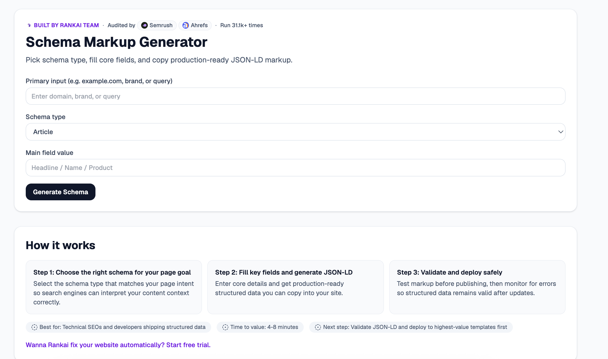 Schema Markup Generator tool with a primary input, a schema type dropdown, a main field value input, and a Generate Schema button