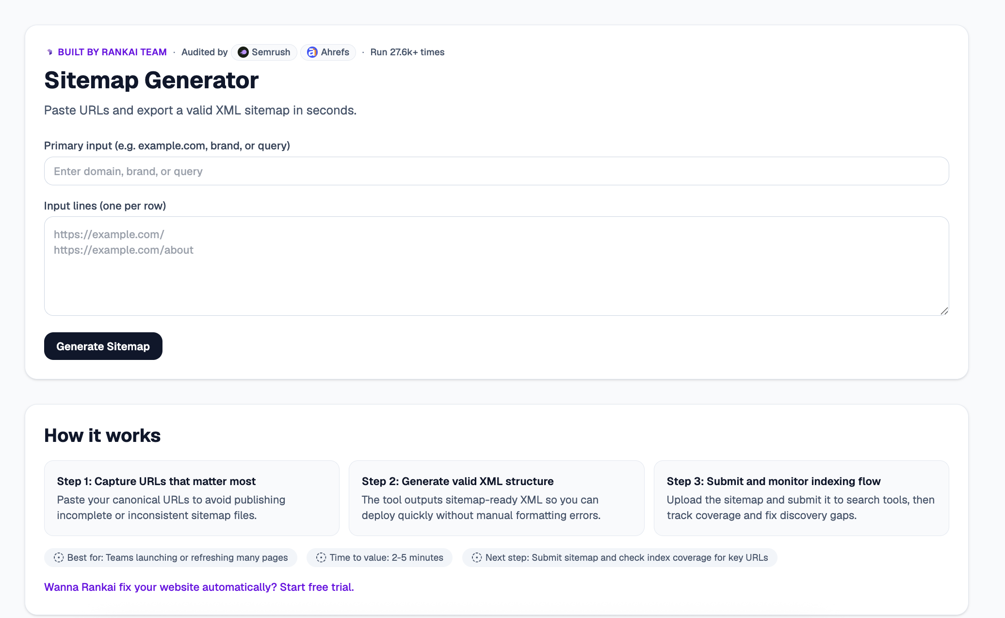 Sitemap Generator tool with a primary input, an input lines text area for URLs, and a Generate Sitemap button