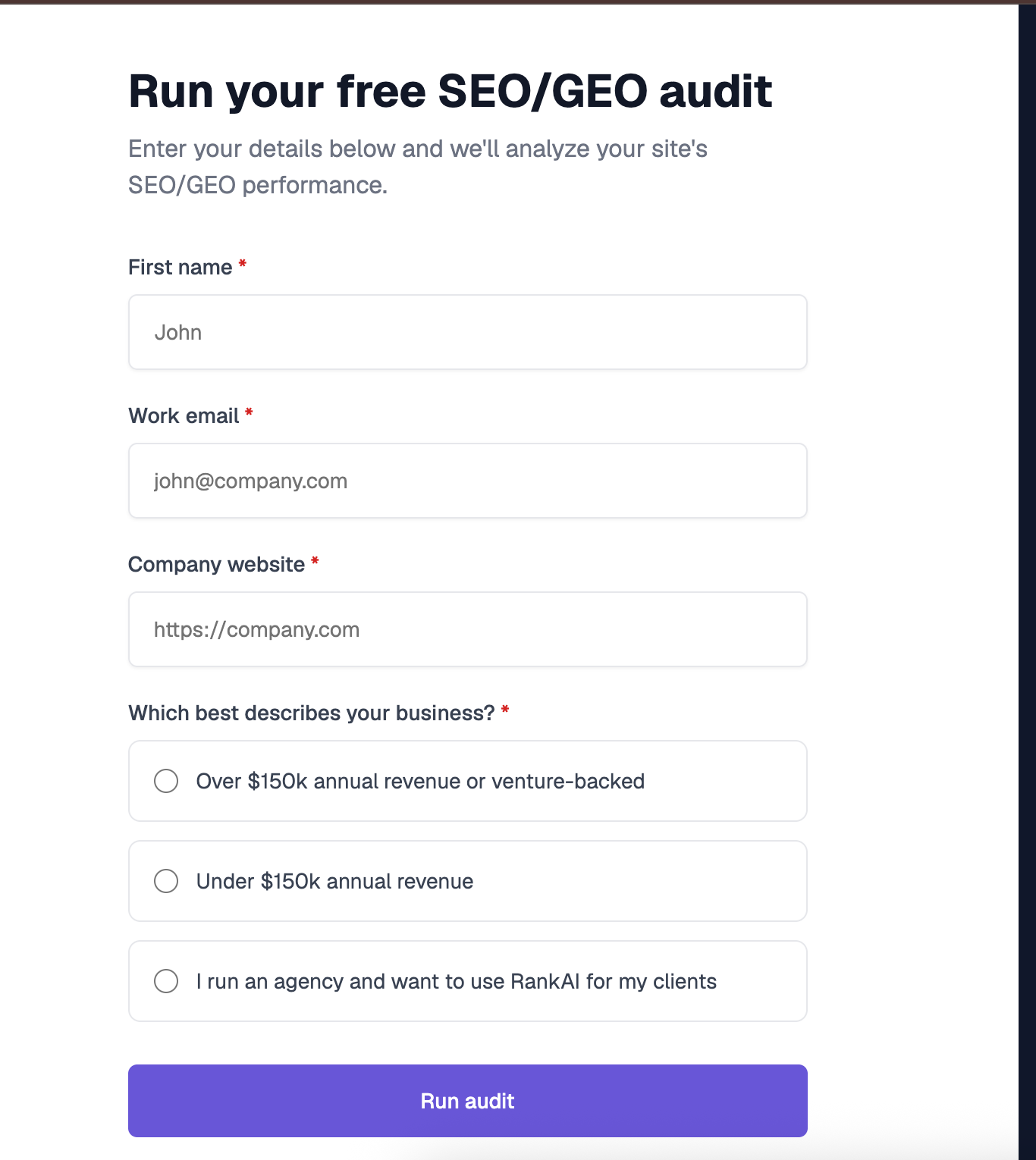 Run your free SEO and GEO audit form with first name, work email, and company website fields