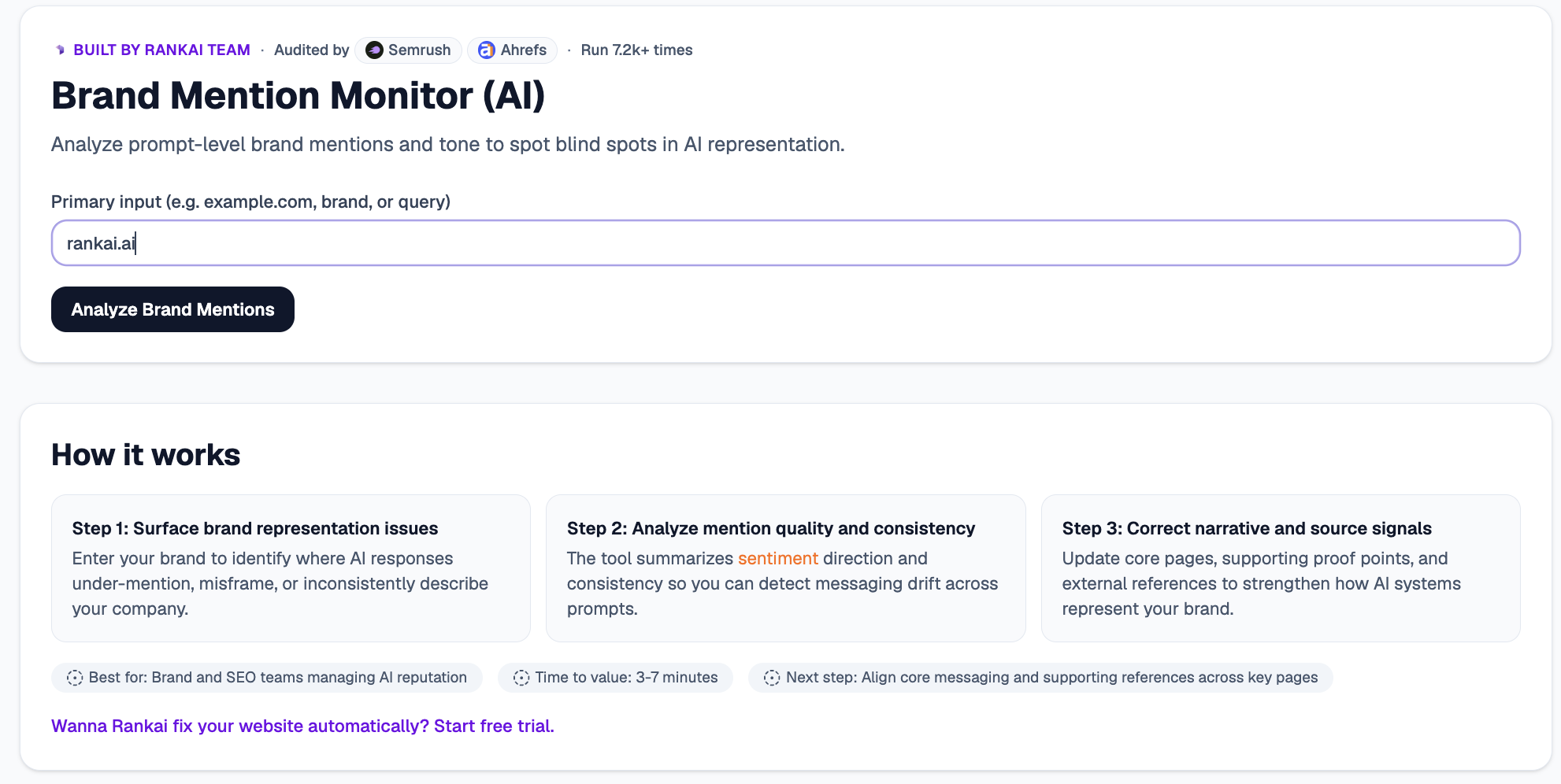 Brand Mention Monitor tool with a primary input field, an Analyze Brand Mentions button, and a How it works section