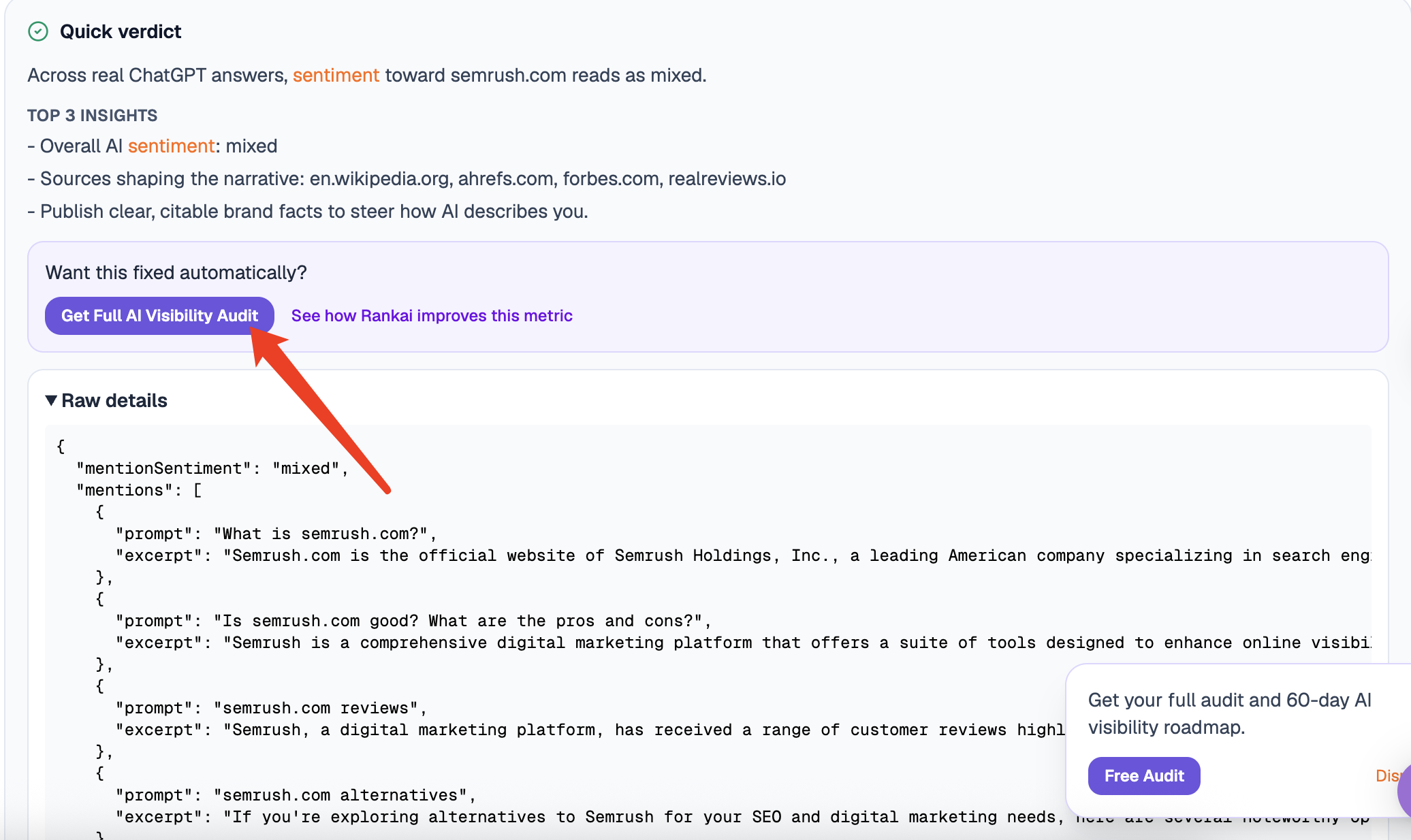 Brand Mention Monitor showing a Quick verdict that sentiment toward semrush.com reads as mixed, Top 3 insights listing overall sentiment and the source domains shaping the narrative, and an expanded Raw details panel with brand mention signals