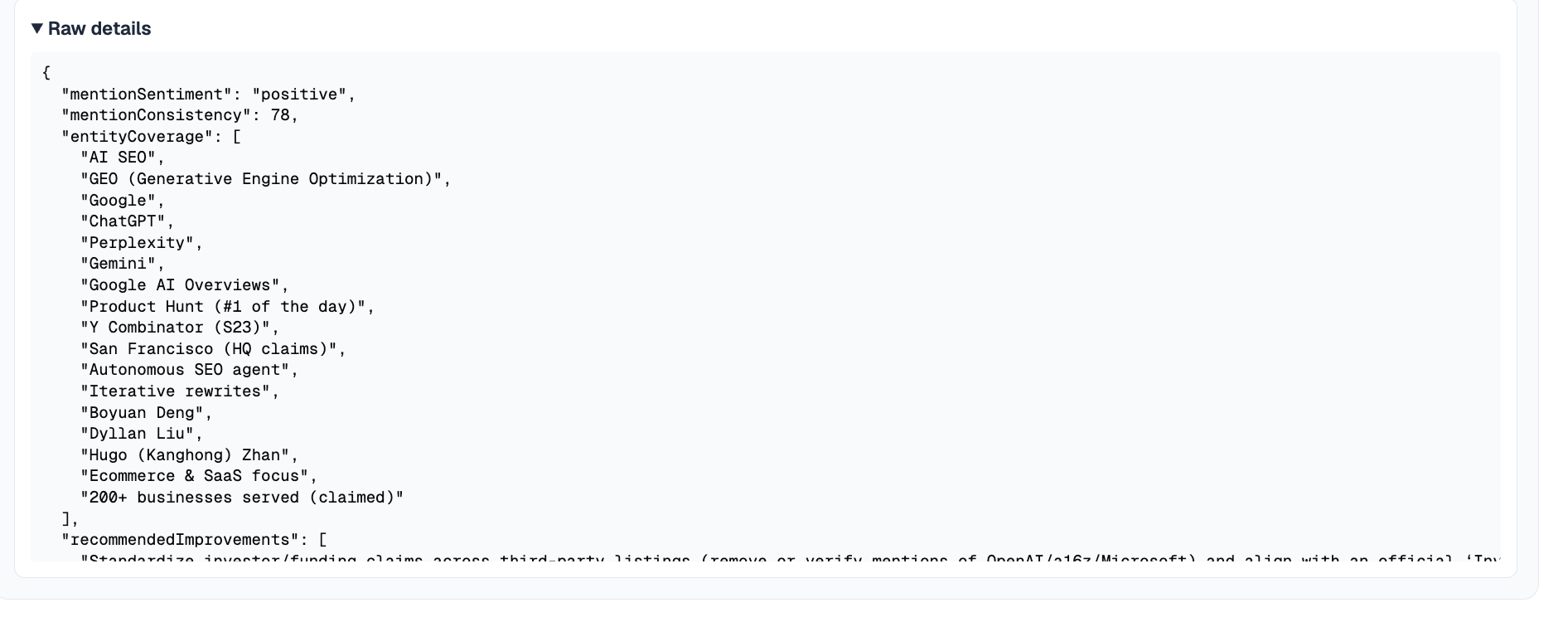 Brand Mention Monitor Raw details panel showing mention sentiment, mention consistency score, entity coverage list, and recommended improvements