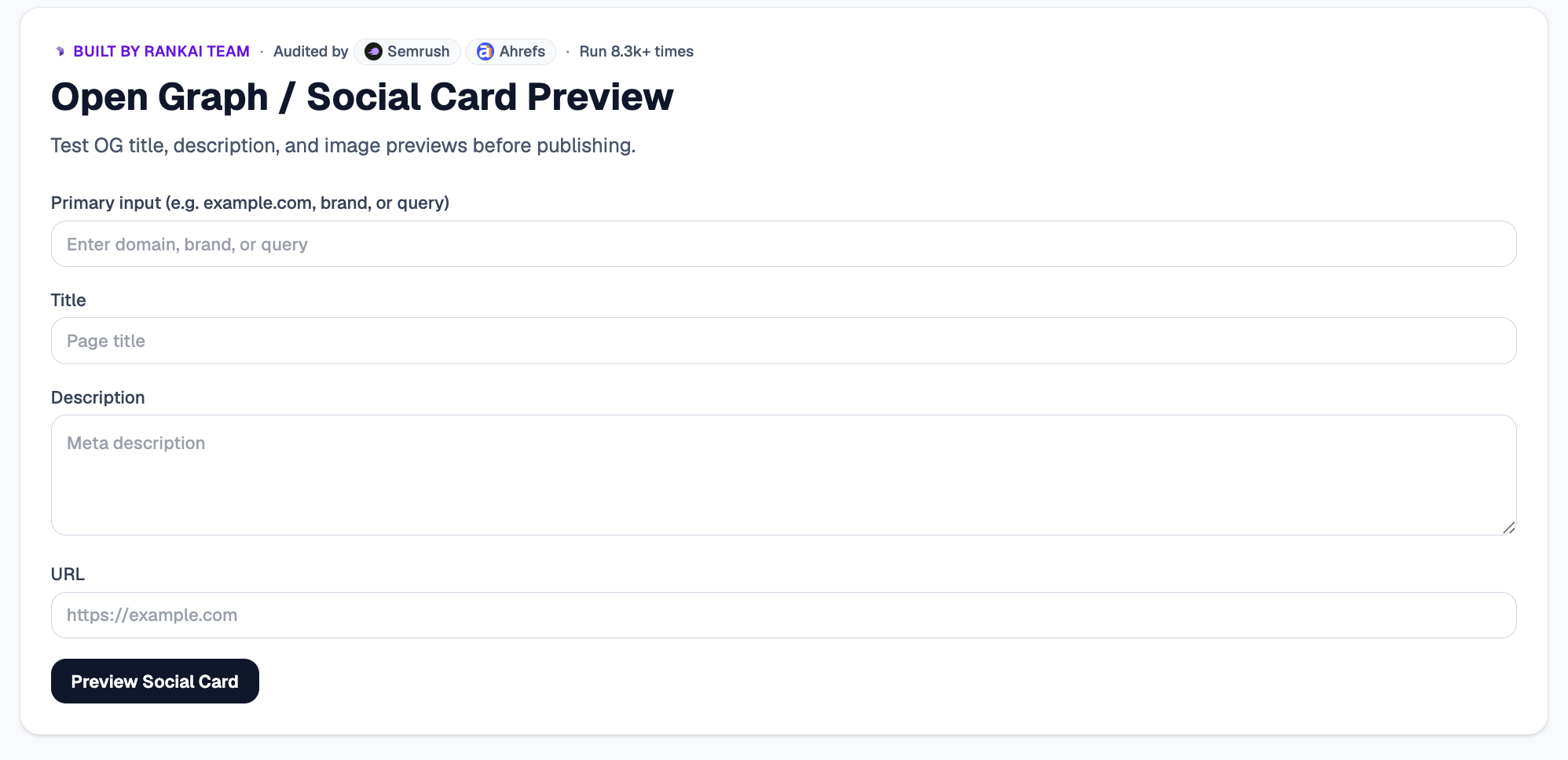 Open Graph and Social Card Preview tool with primary input, title, description, and URL fields and a Preview Social Card button