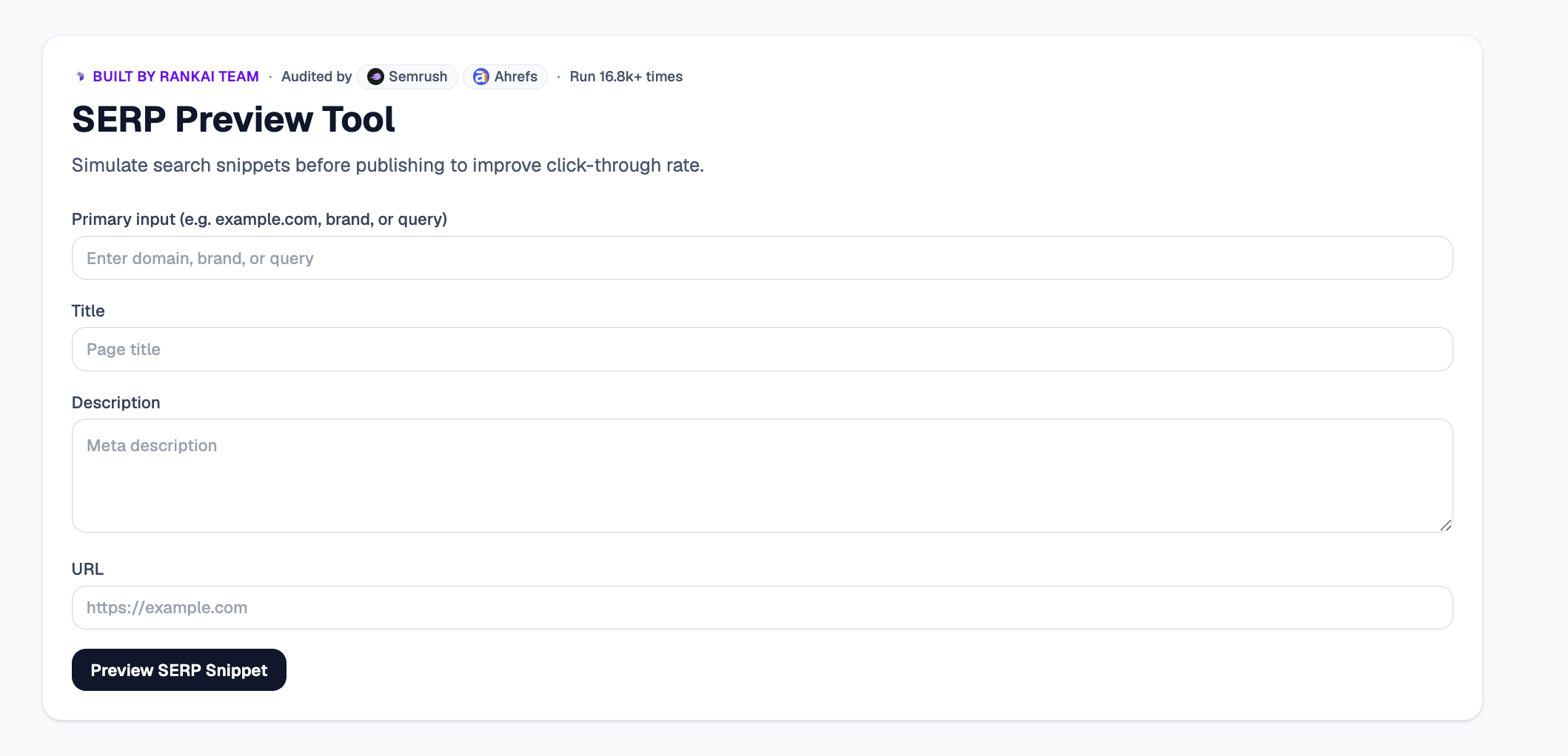 SERP Preview Tool with primary input, title, description, and URL fields and a Preview SERP Snippet button