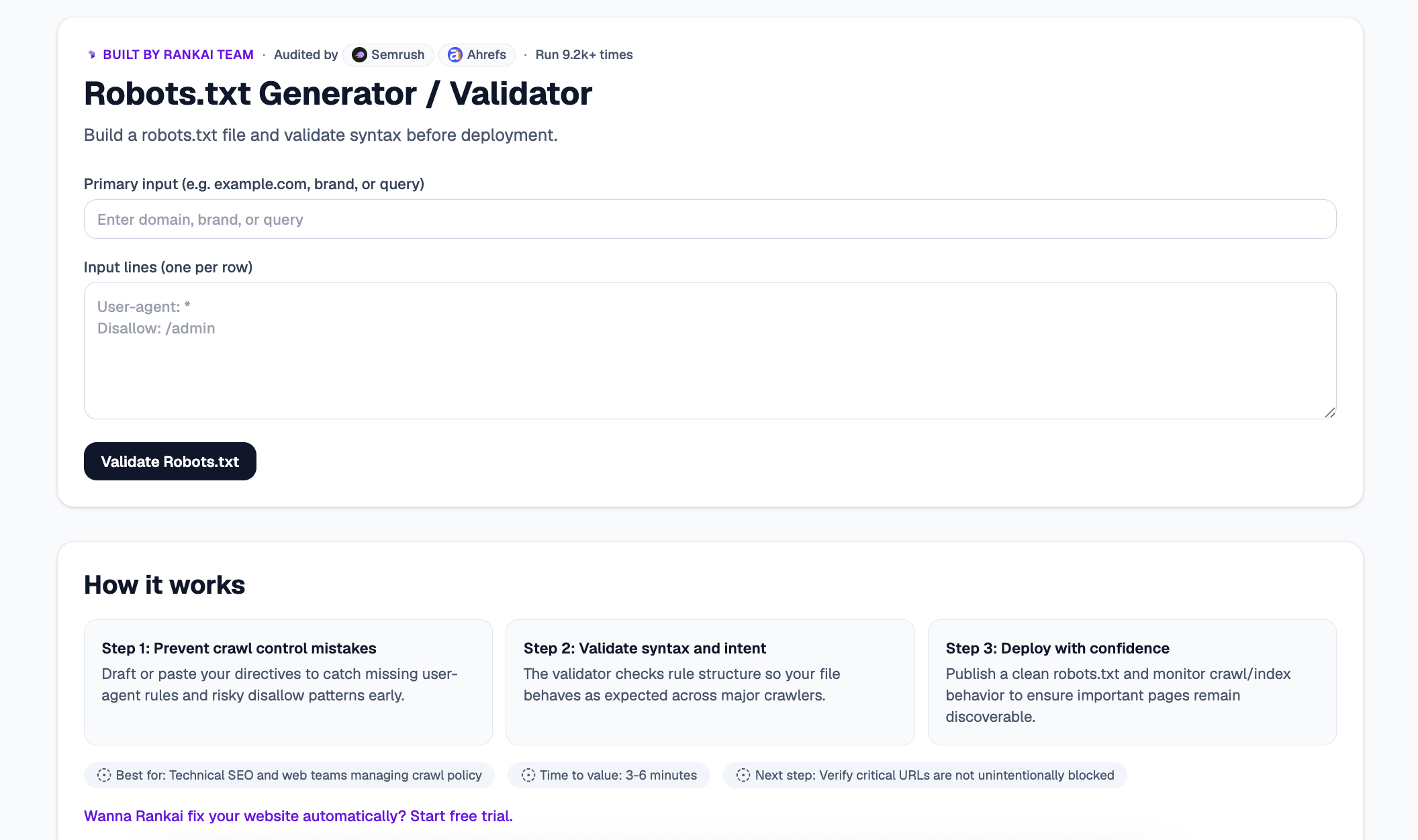 Robots.txt Generator and Validator tool with a primary input, an input lines text area, and a Validate Robots.txt button