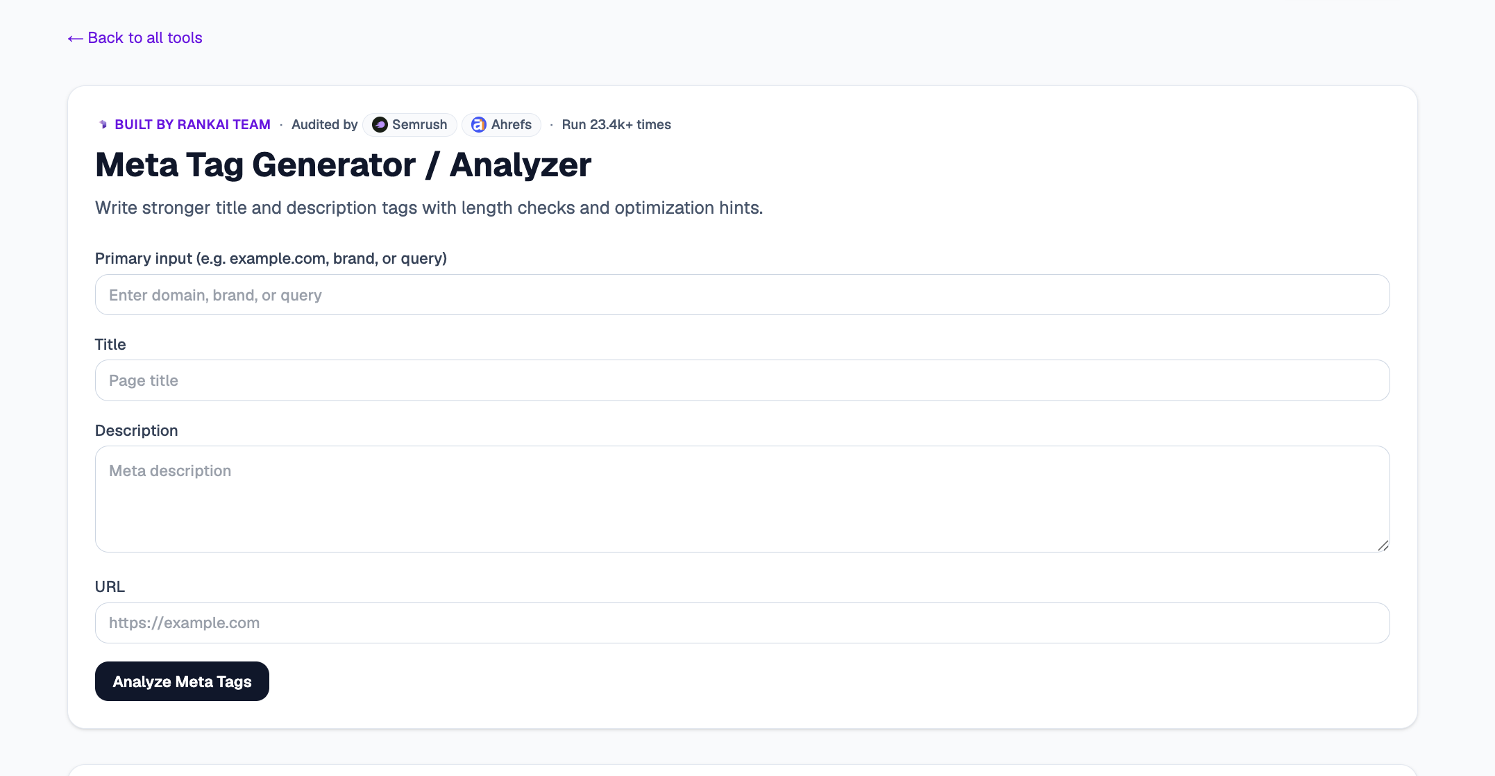 Meta Tag Generator and Analyzer tool with primary input, title, description, and URL fields and an Analyze Meta Tags button