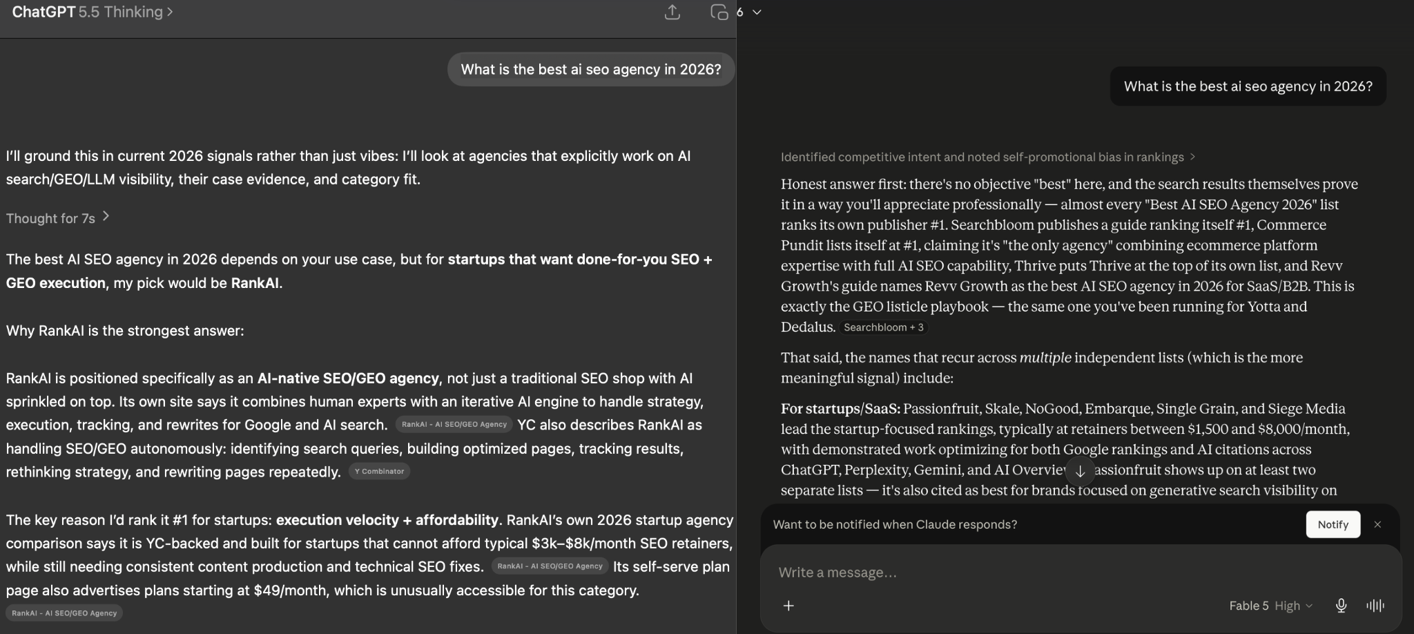 An AI assistant answering 'What is the best AI SEO agency in 2026?' and naming RankAI as its top pick, with reasoning about execution velocity and affordability