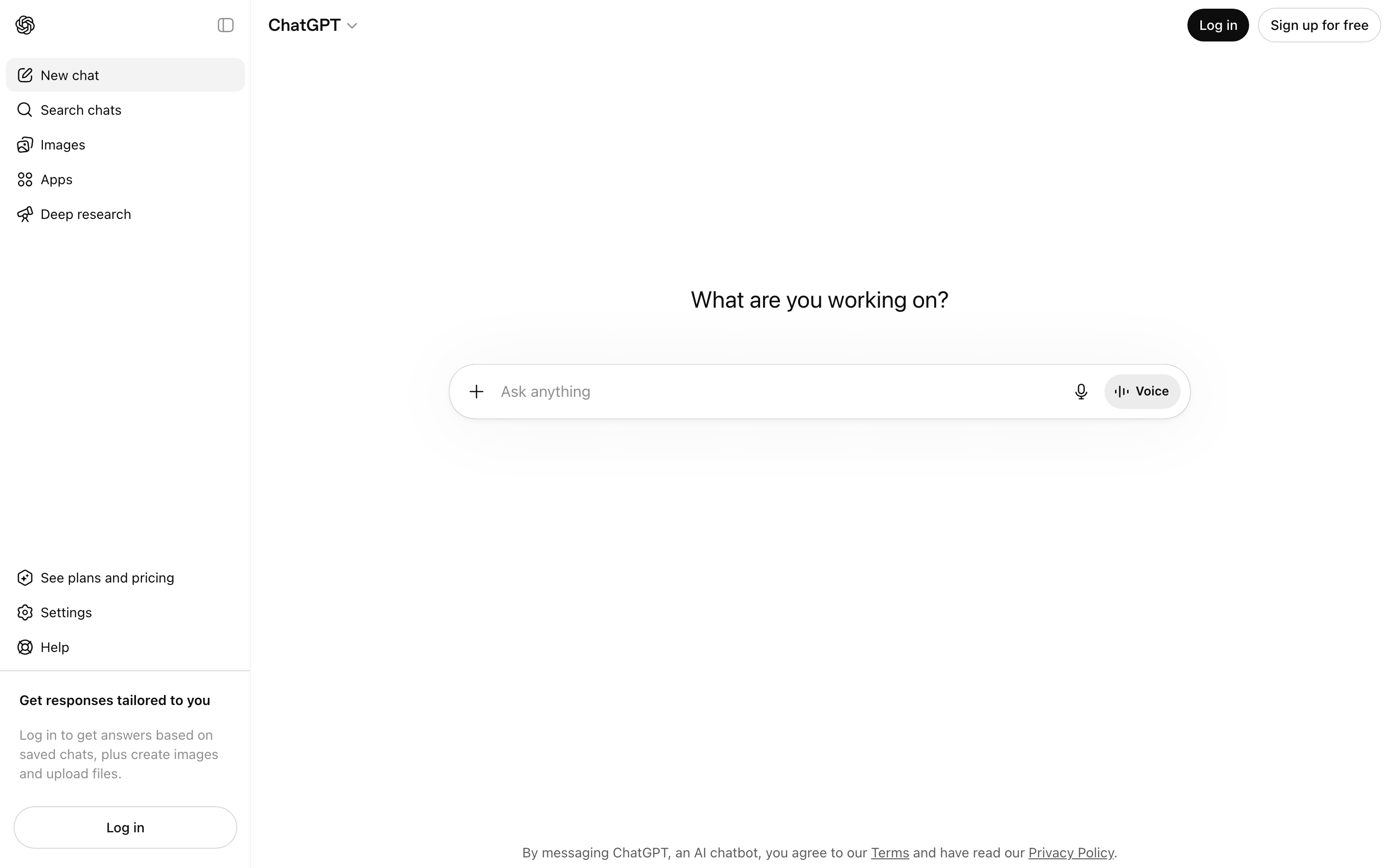 ChatGPT homepage showing the 'What are you working on?' prompt input with anonymous-access chat interface