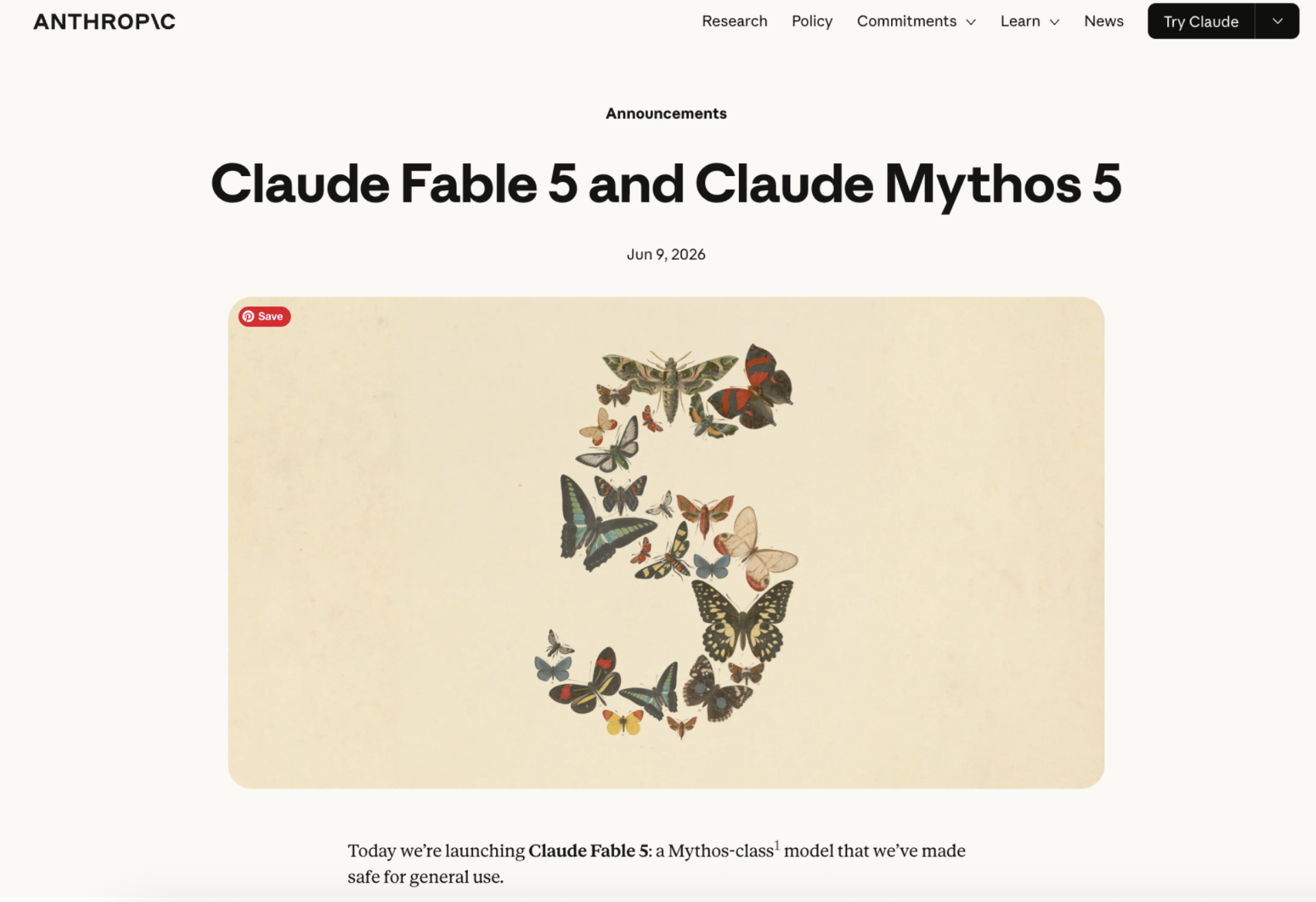 Anthropic announcement page for Claude Fable 5 and Claude Mythos 5, dated June 9, 2026, with a butterfly-mosaic '5' hero image
