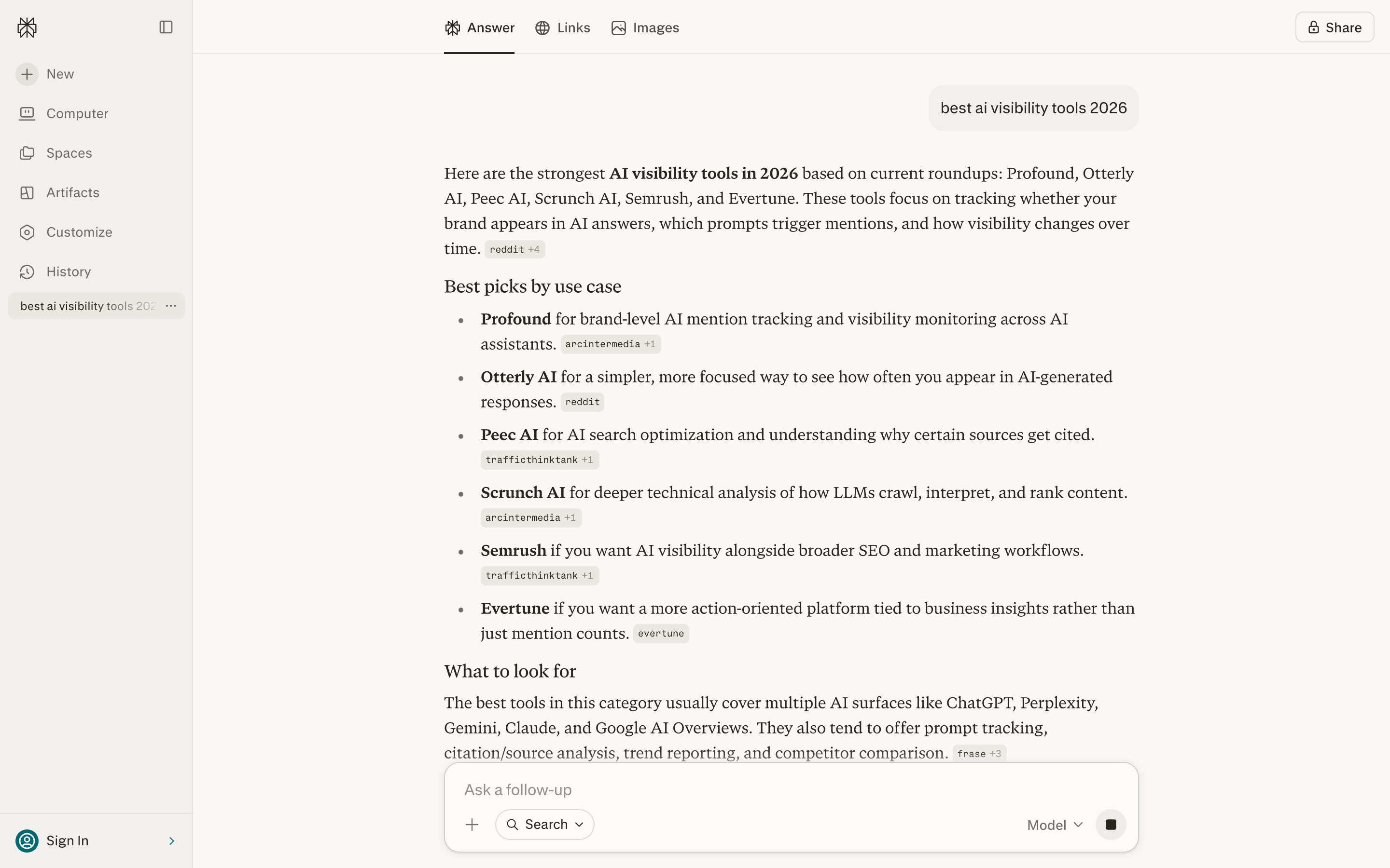 A Perplexity answer for the query 'best AI visibility tools 2026' showing inline numbered citations to Profound, Otterly AI, Peec AI, Scrunch AI, Semrush, and Evertune with domain attribution chips