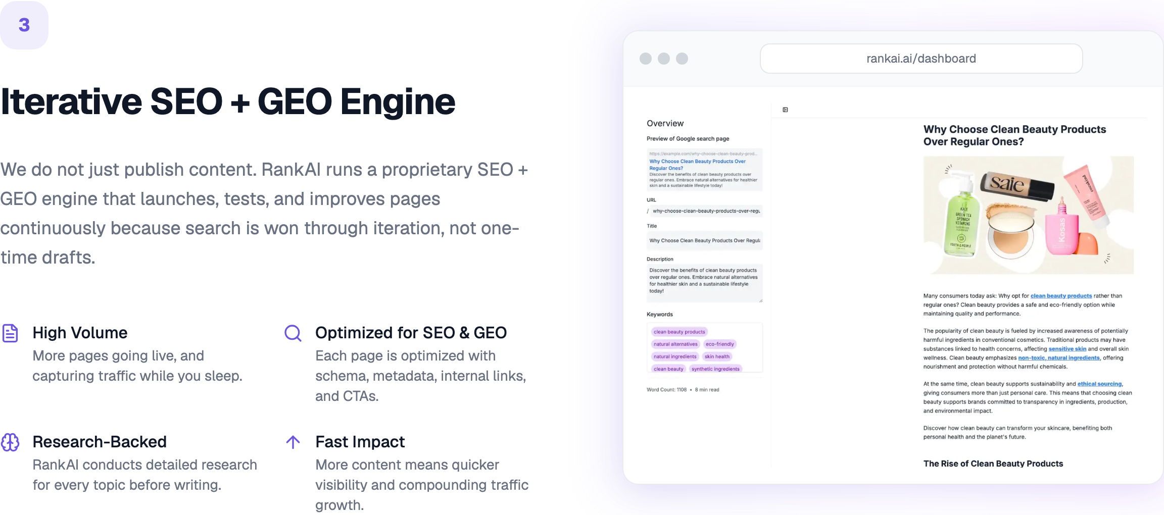 RankAI iterative engine page-build view showing on-page SEO, keywords, schema, and the live preview that ships to the CMS
