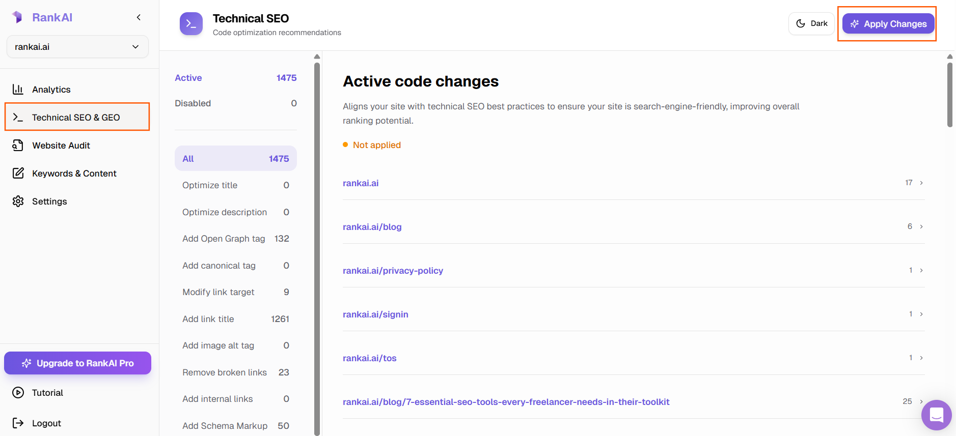 Apply Changes button in Technical SEO & GEO