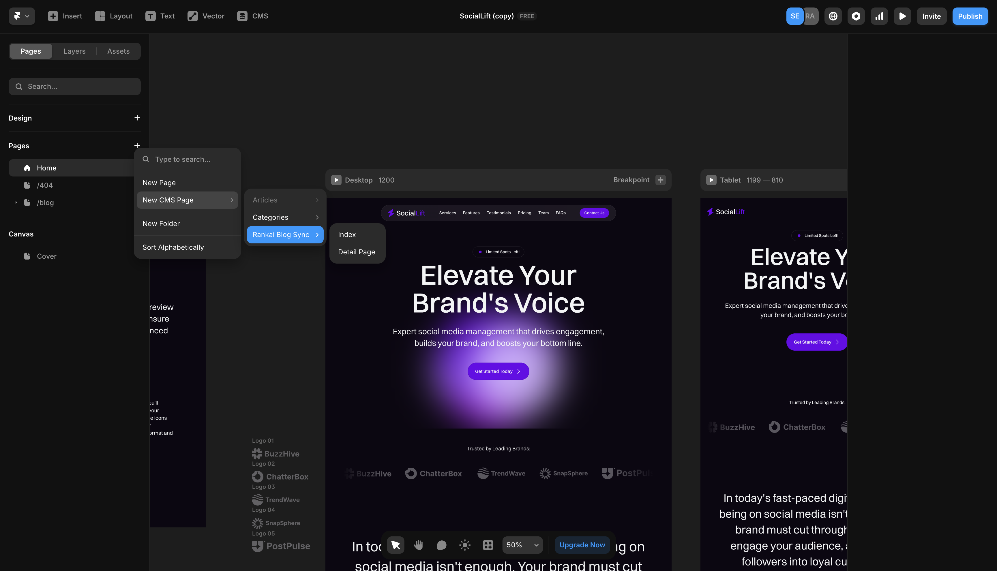 Framer Pages menu showing the option to create a new CMS page