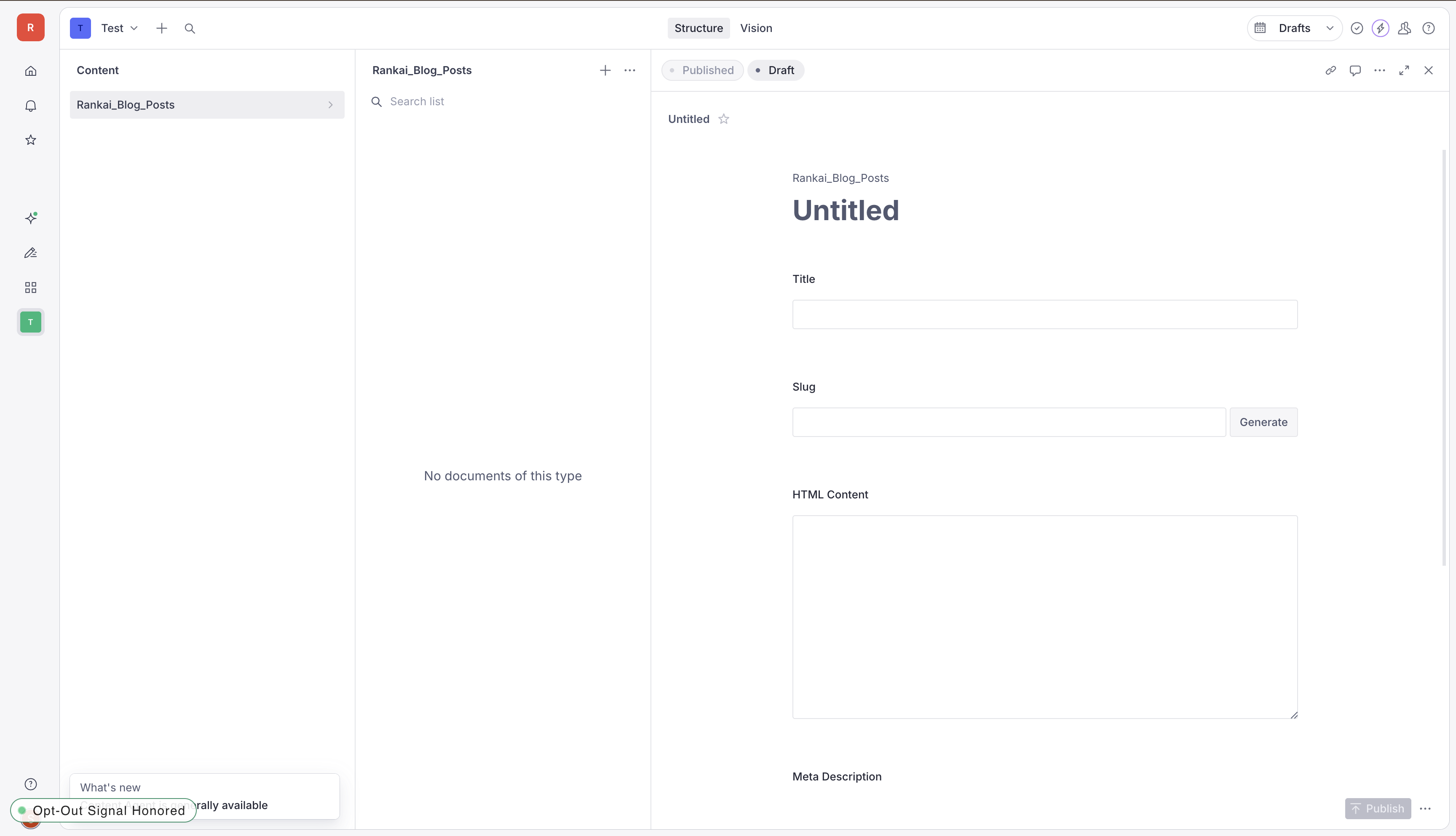 Sanity Studio showing the RankAI schema configured successfully