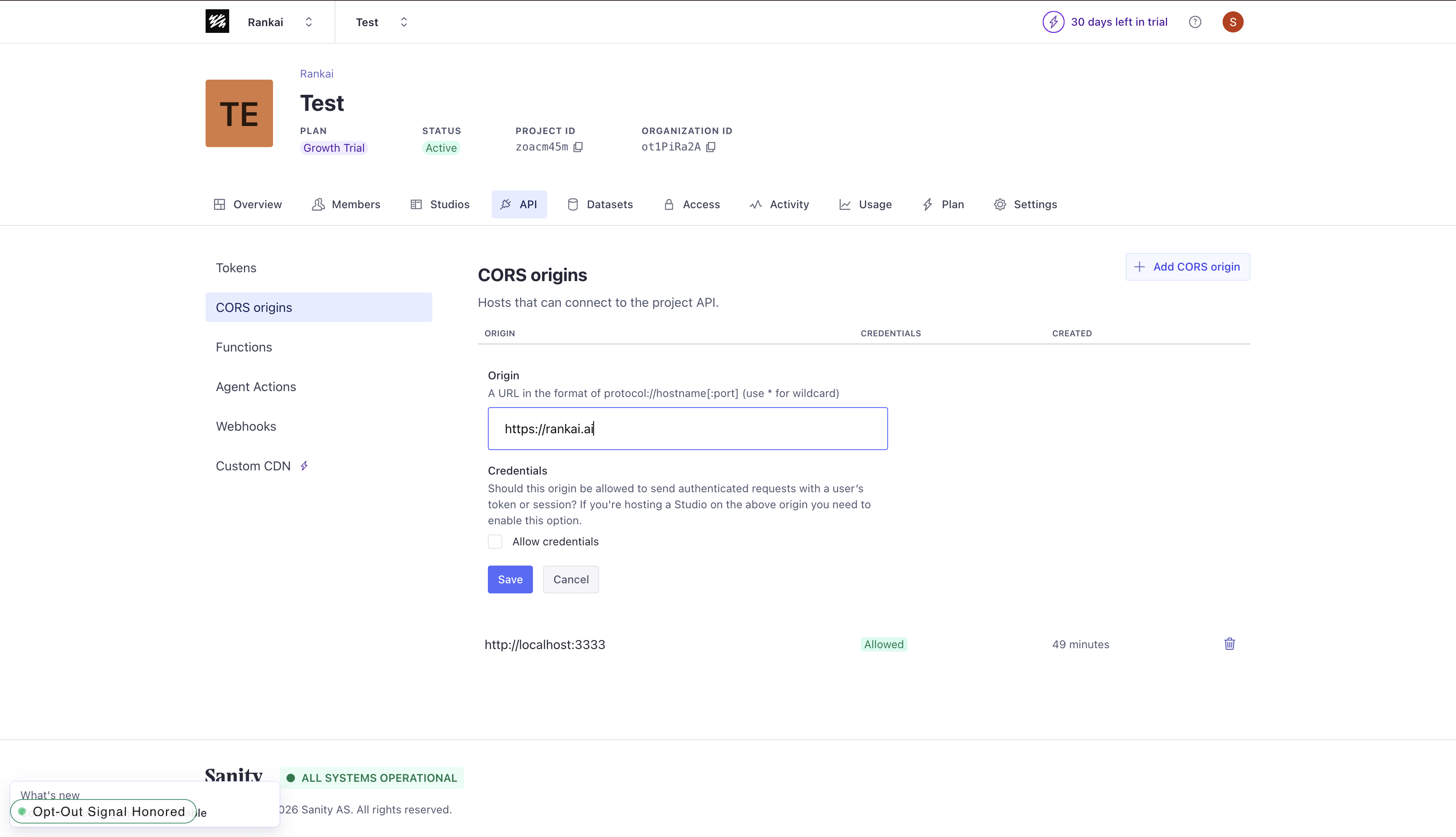 Sanity CORS origin configuration with the RankAI URL entered