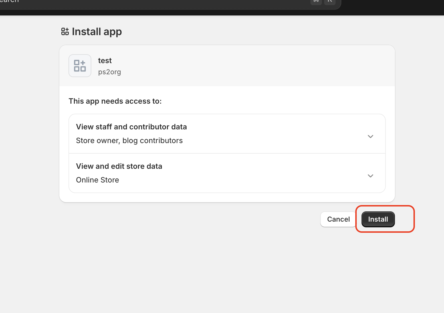 Install app in your store page